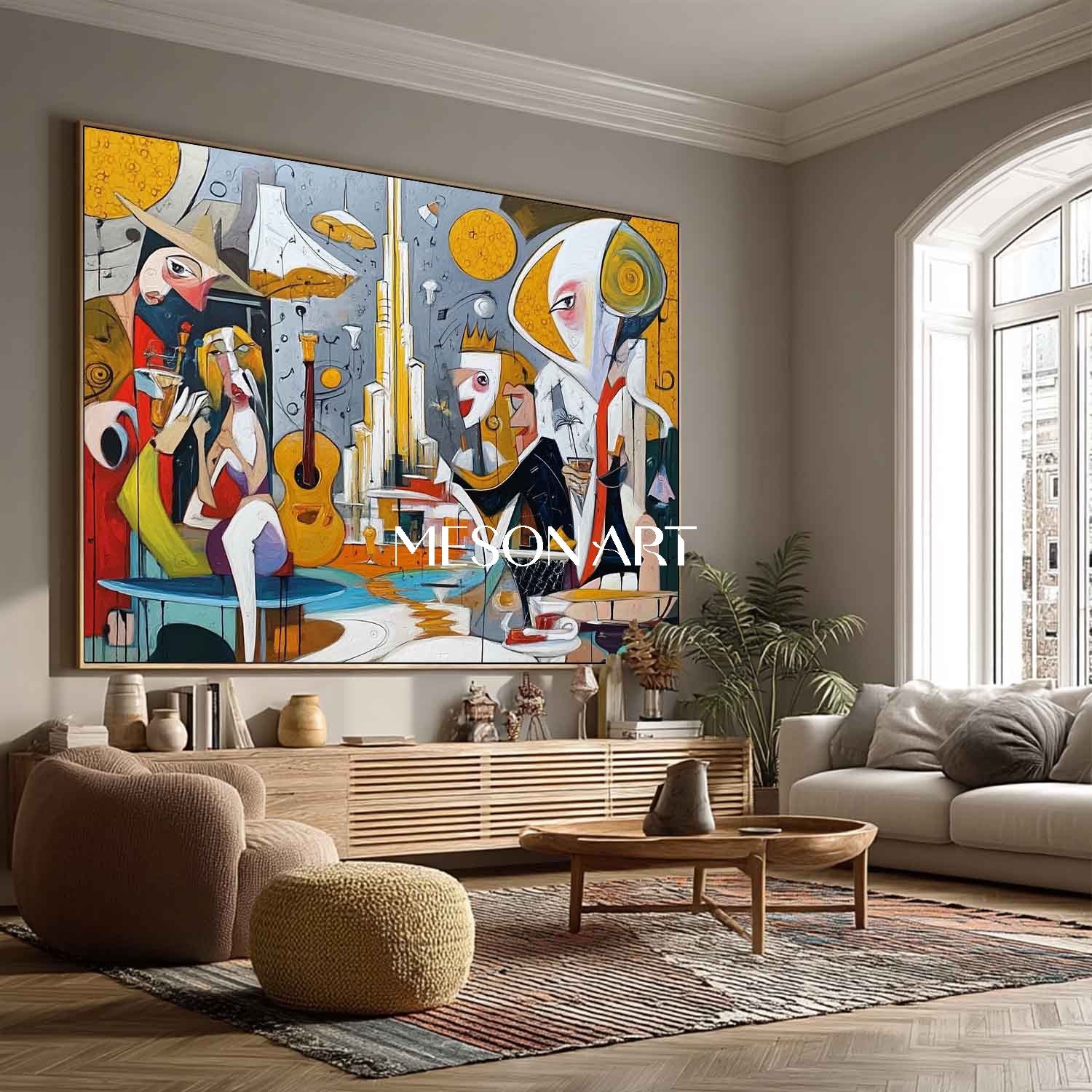 Modern Picasso Inspired Cubist Scene Large Wall Art for Dining Room