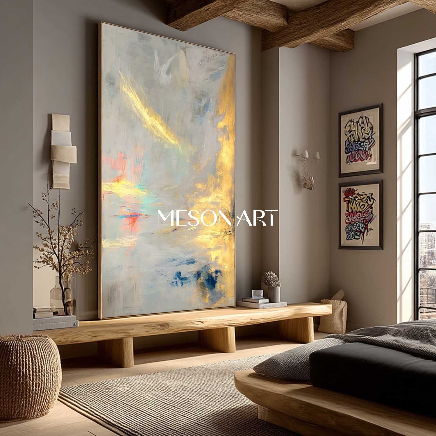 Gold Gray Abstract Textured Painting Large Vertical Entryway Wall Art