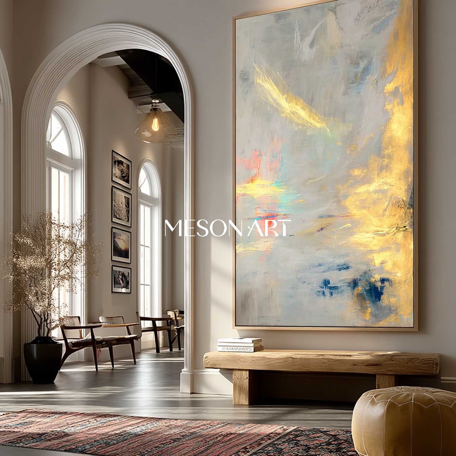 Gold Gray Abstract Textured Painting Large Vertical Entryway Wall Art