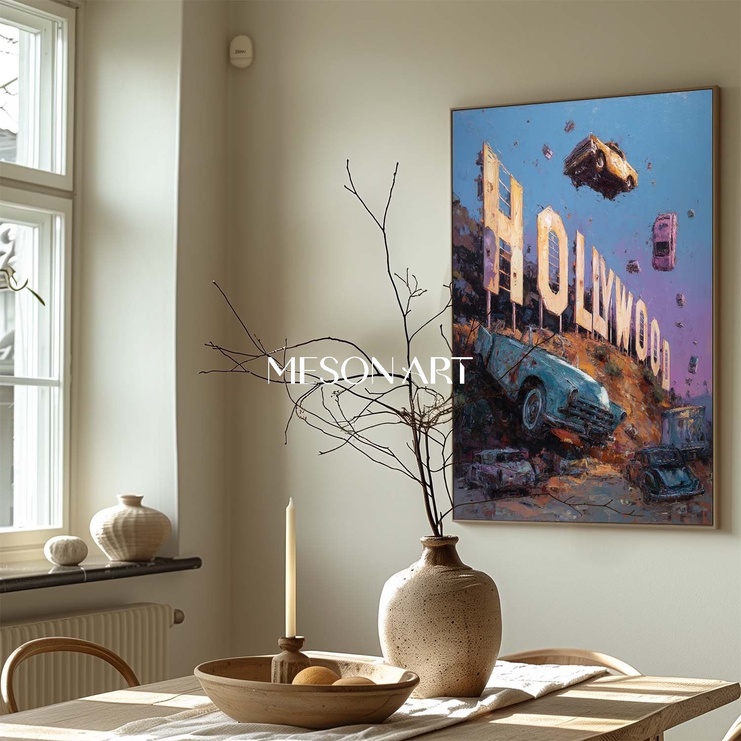 Surreal Hollywood Sign with Floating Cars Canvas Art Sunset Painting