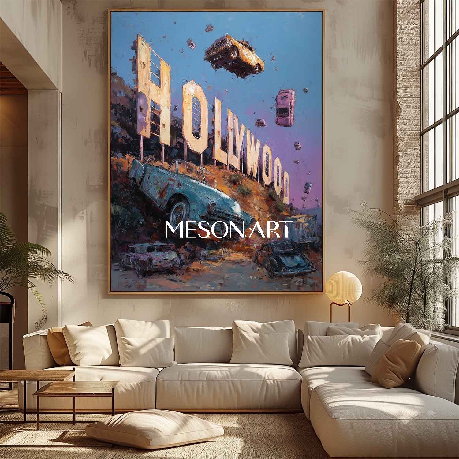 Surreal Hollywood Sign with Floating Cars Canvas Art Sunset Painting