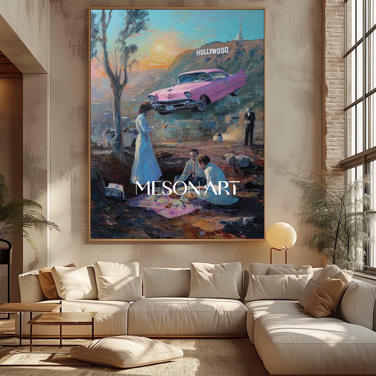 Surreal Pink Cadillac Floating Over Hollywood Picnic Scene Dreamy Art