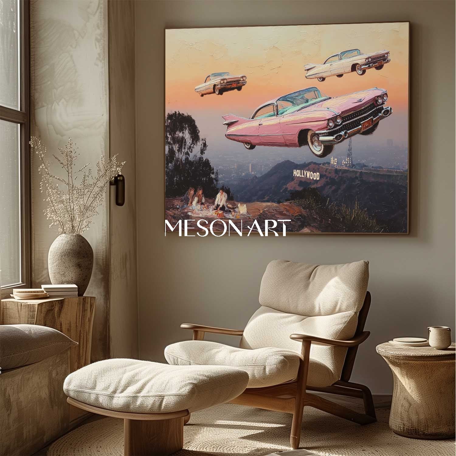 Surreal Sunset Surreal Art Flying Vintage Cars Hollywood Hills Canvas