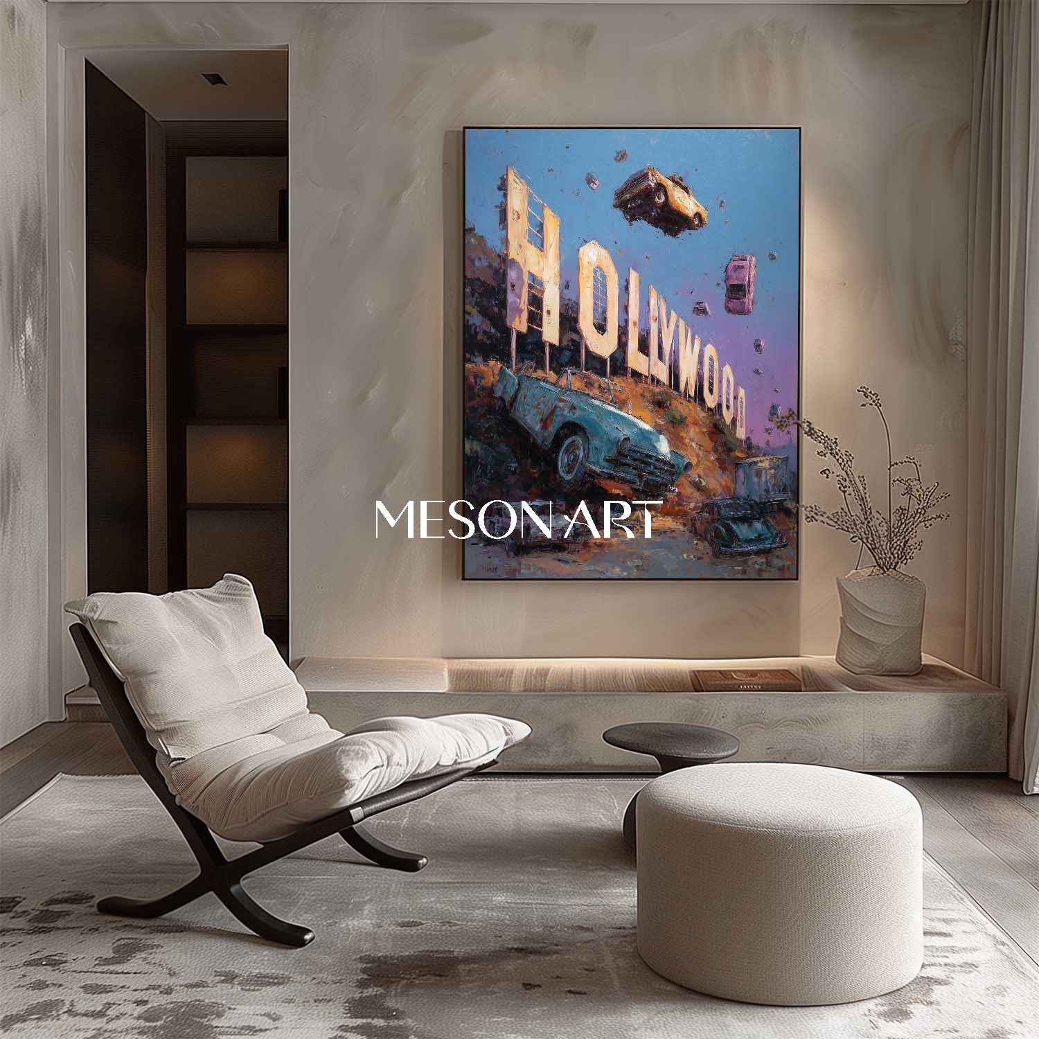 Surreal Hollywood Sign with Floating Cars Canvas Art Sunset Painting