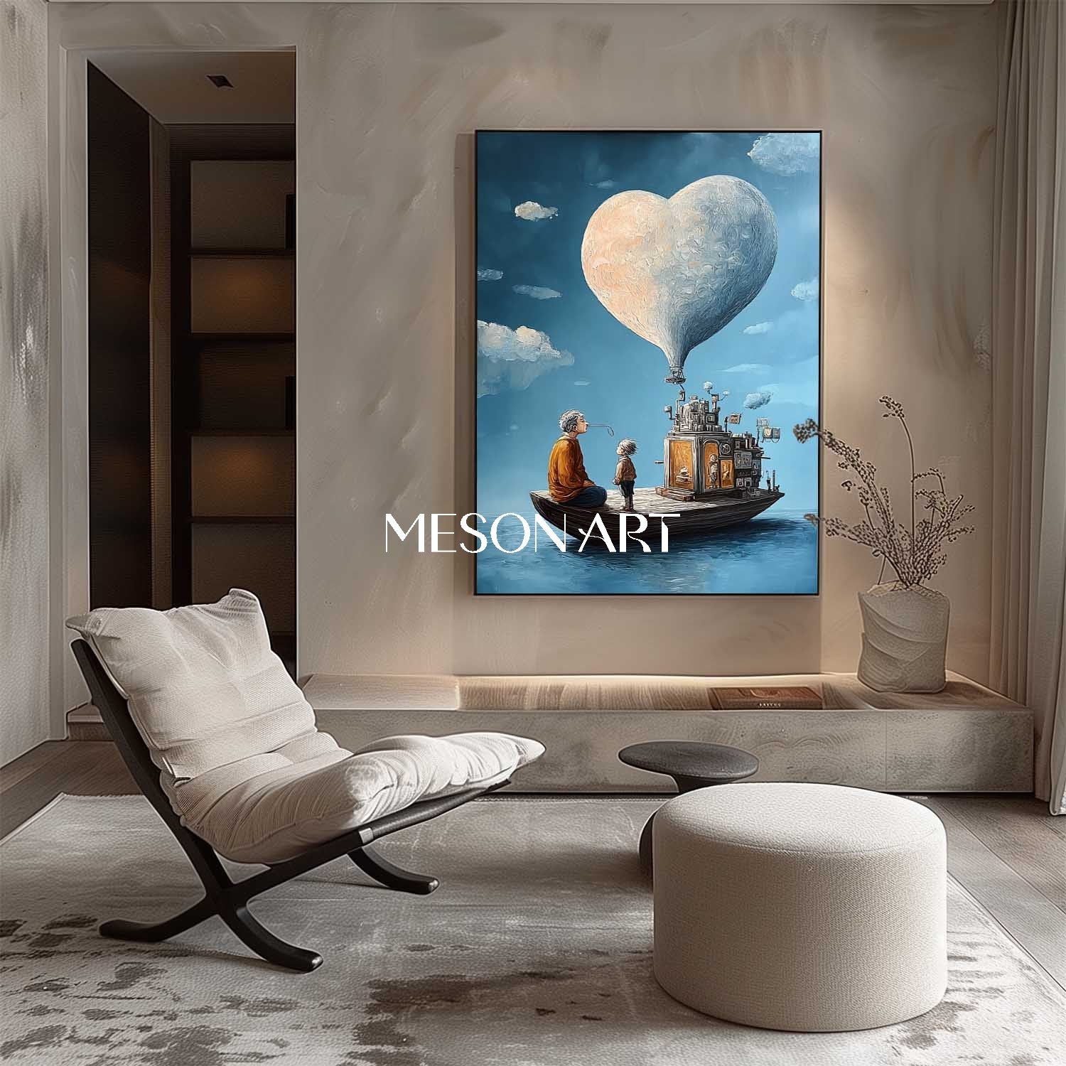 Blue Surreal Art Heart Balloon Boat Painting Large Living Room Canvas