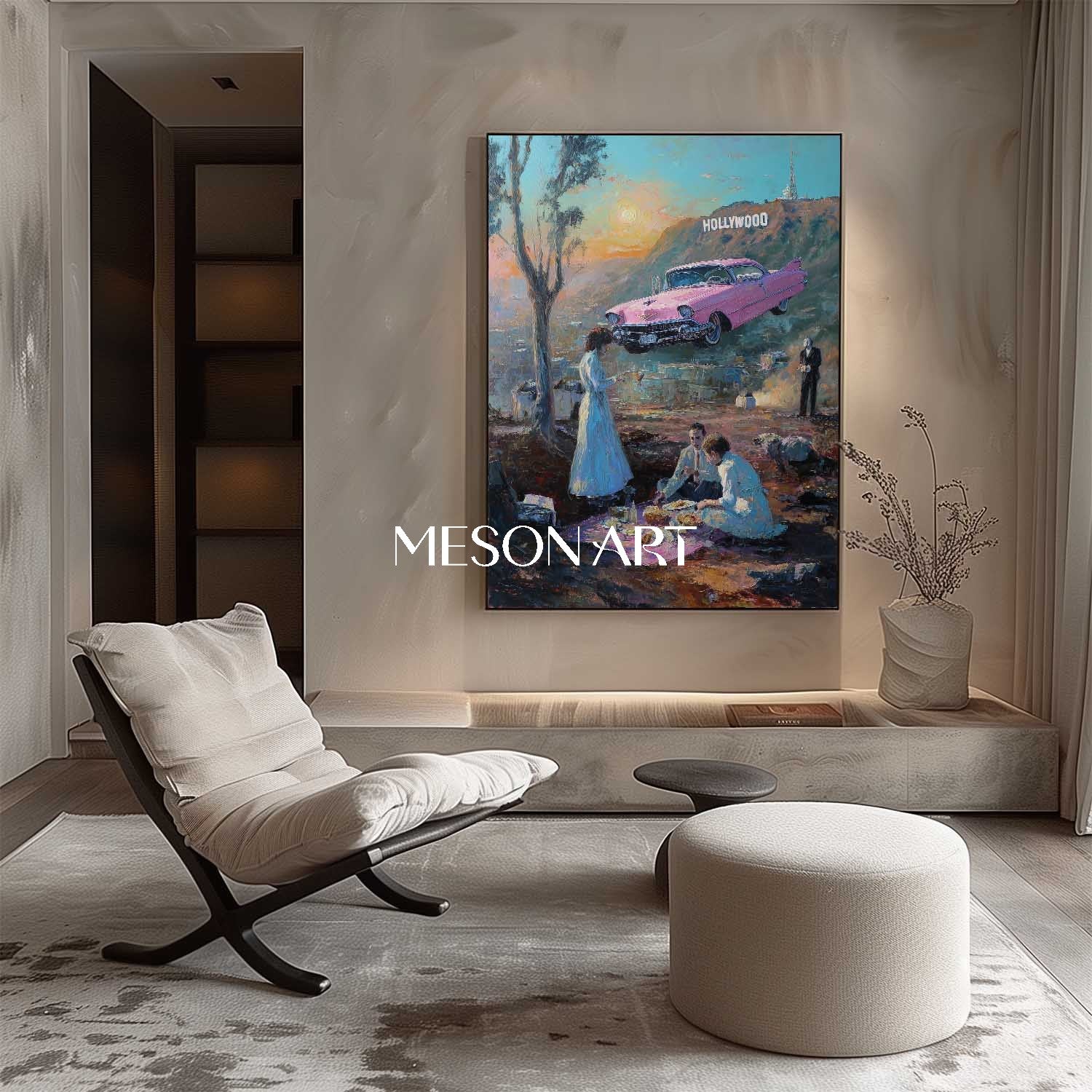 Surreal Pink Cadillac Floating Over Hollywood Picnic Scene Dreamy Art