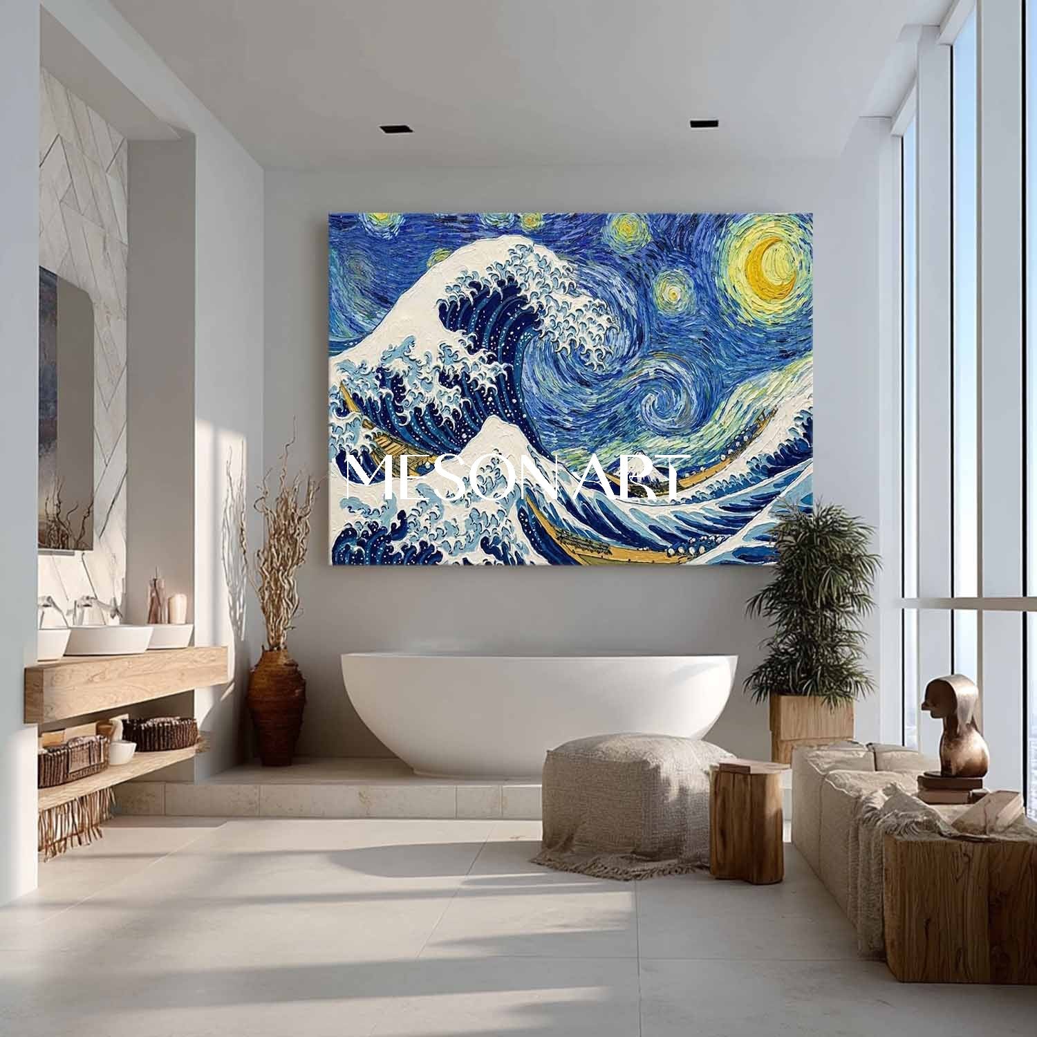 Ukiyo-e 3D Plaster Art, Hand Painted Heavy Texture Canvas, Japanese Wall Decor For Living Room