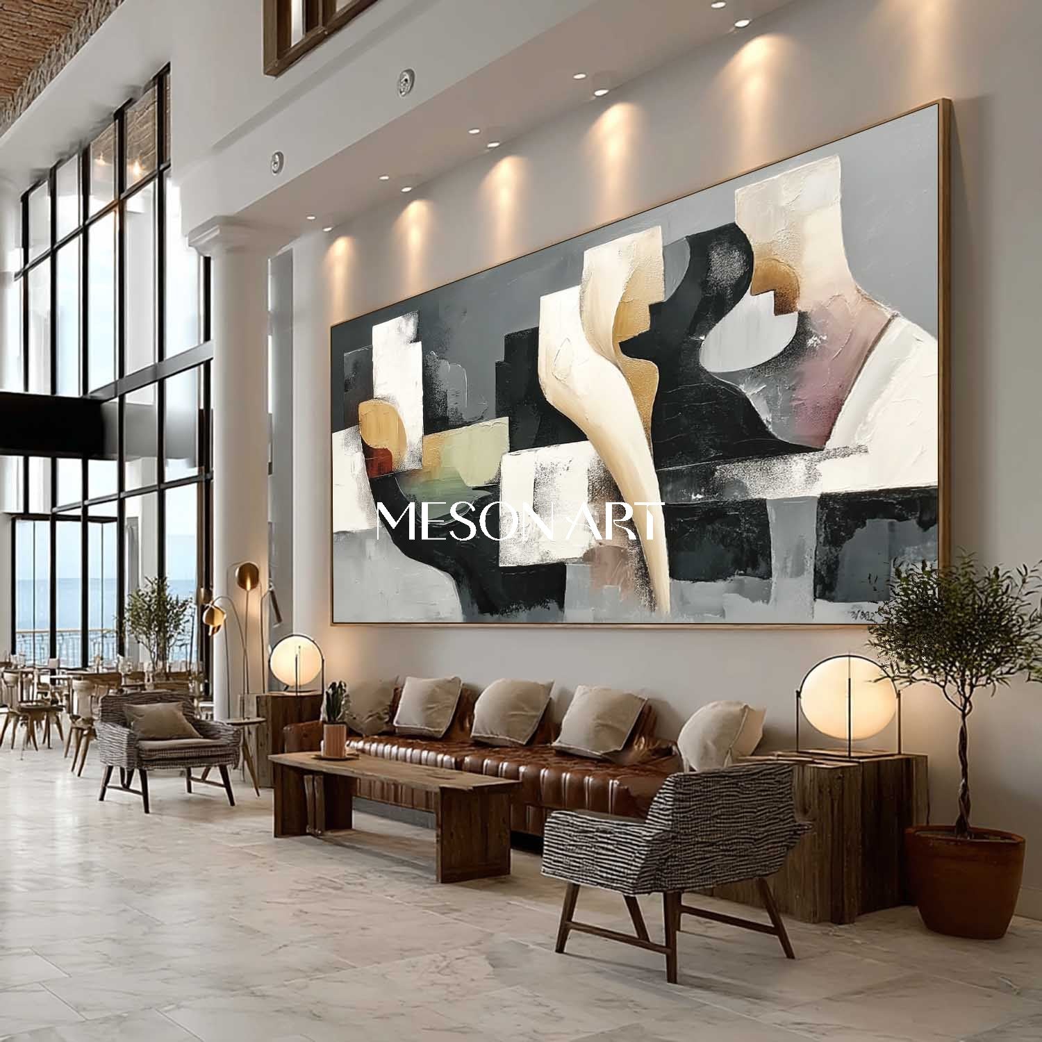 Black White Abstract Geometric Oil Painting Modern Textured Canvas Art