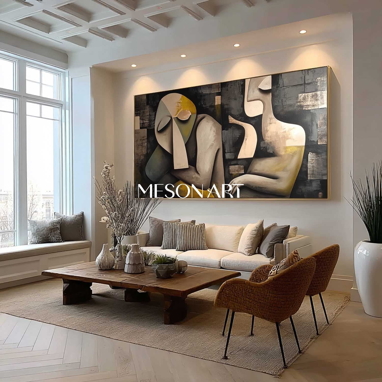 Large Picasso Style Abstract Cubism Wall Art Black Textured Painting