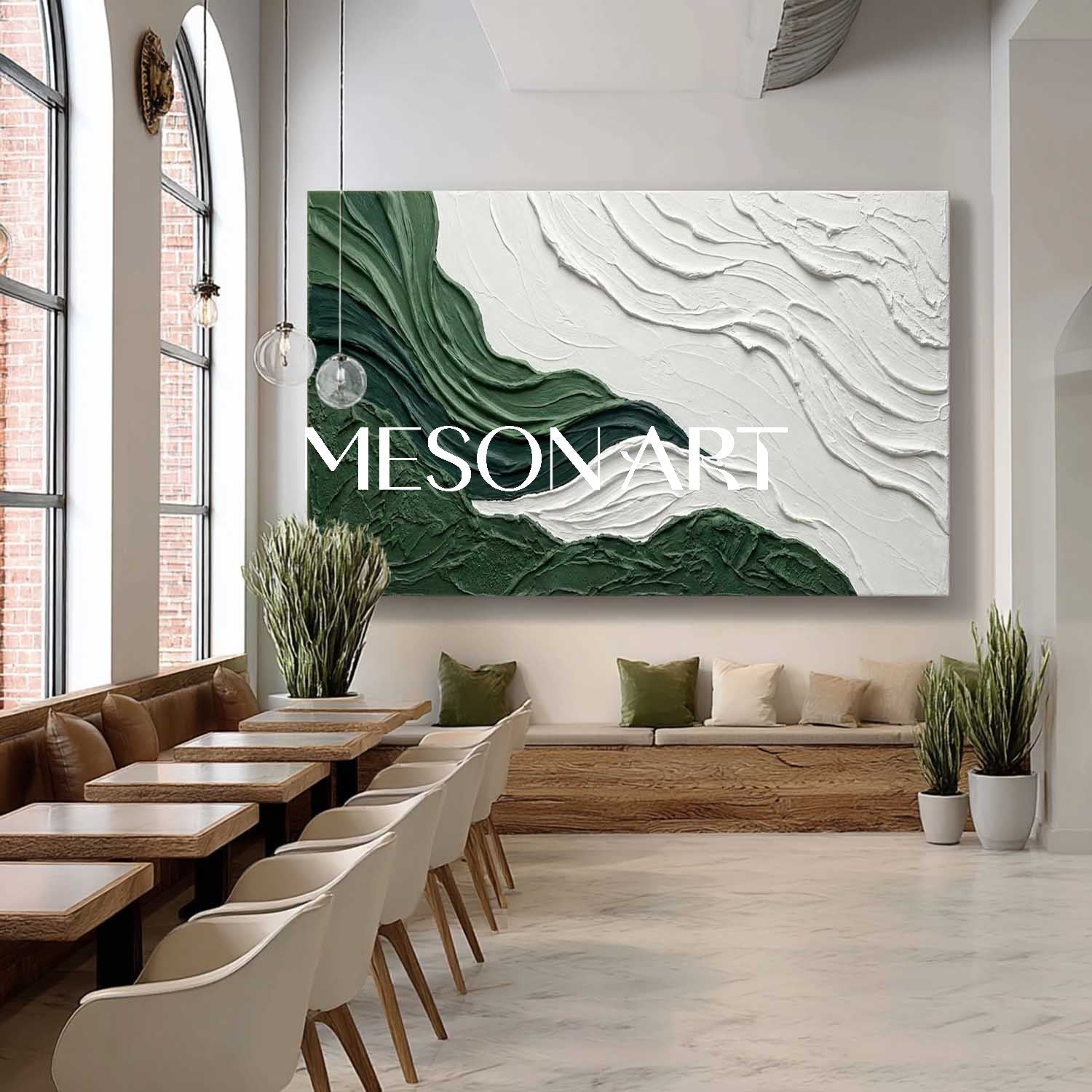 White And Green Abstract Art Canvas Green Panoramic Bedroom Painting.