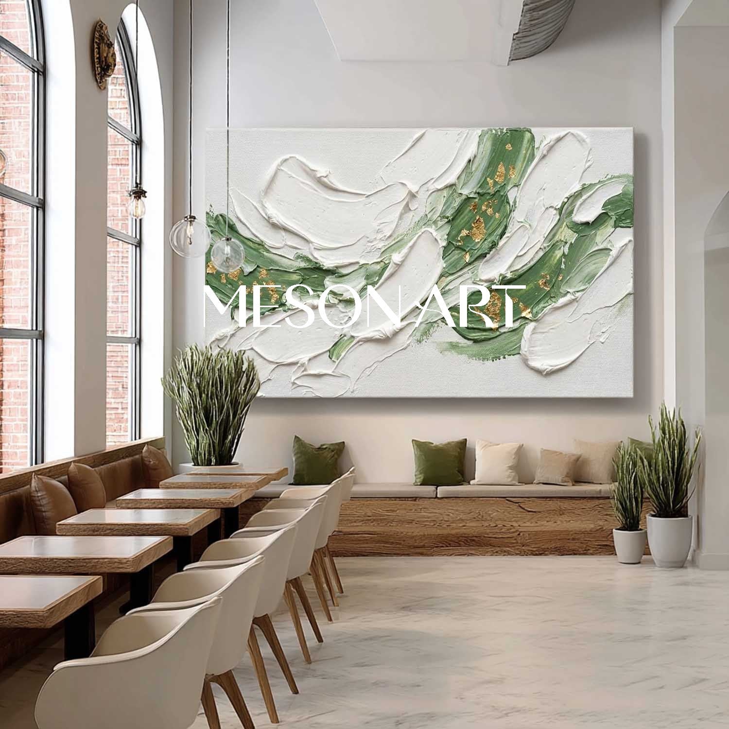 Large White Plaster Abstract Canvas Art White And Light Green Wall Art Decor