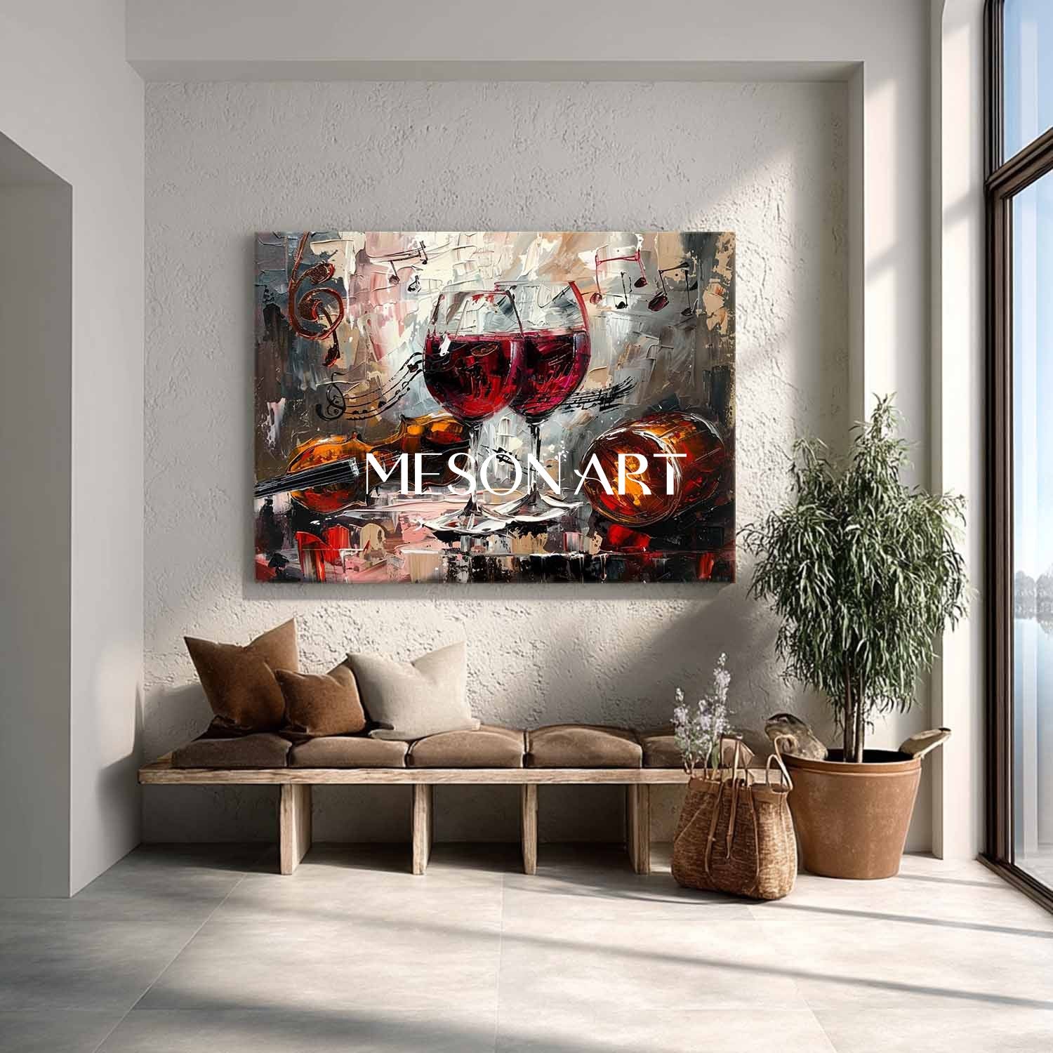 Large Red Wine Glass and Music Abstract Canvas Art for Sale Music and Wine Wall Art Decor
