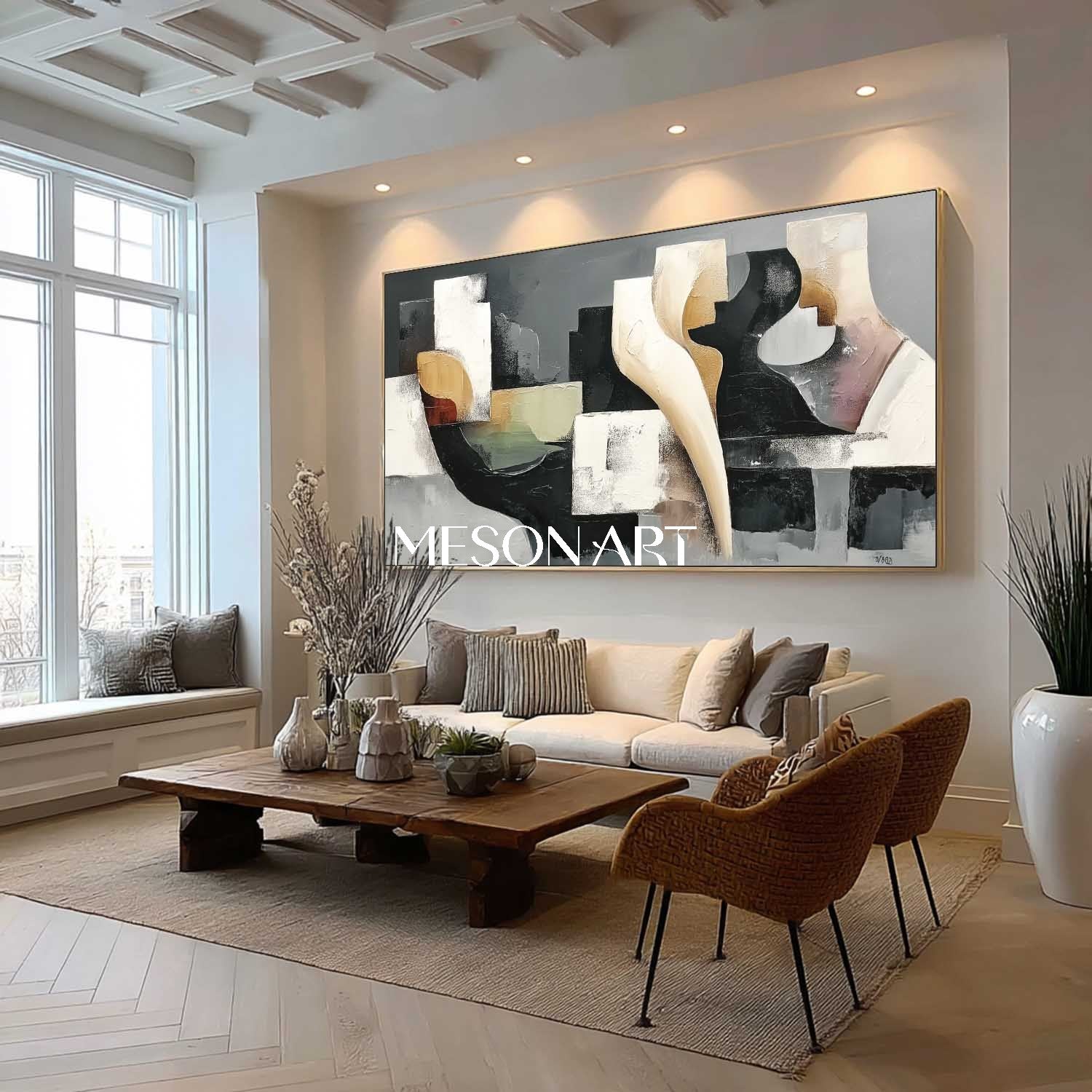 Black White Abstract Geometric Oil Painting Modern Textured Canvas Art