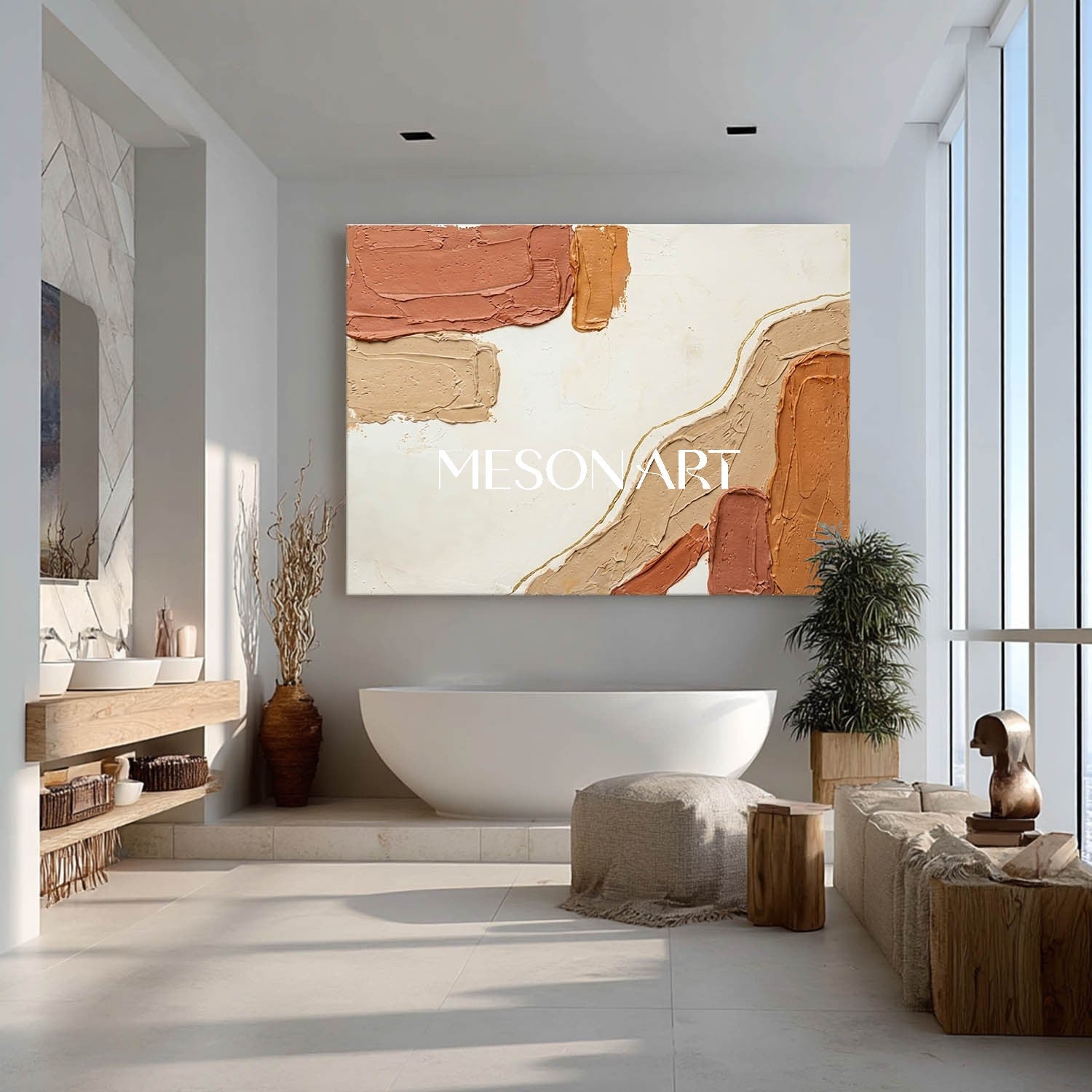 Terracotta & Beige Textured Abstract Art | Earth Tone Boho Canvas with Gold Line