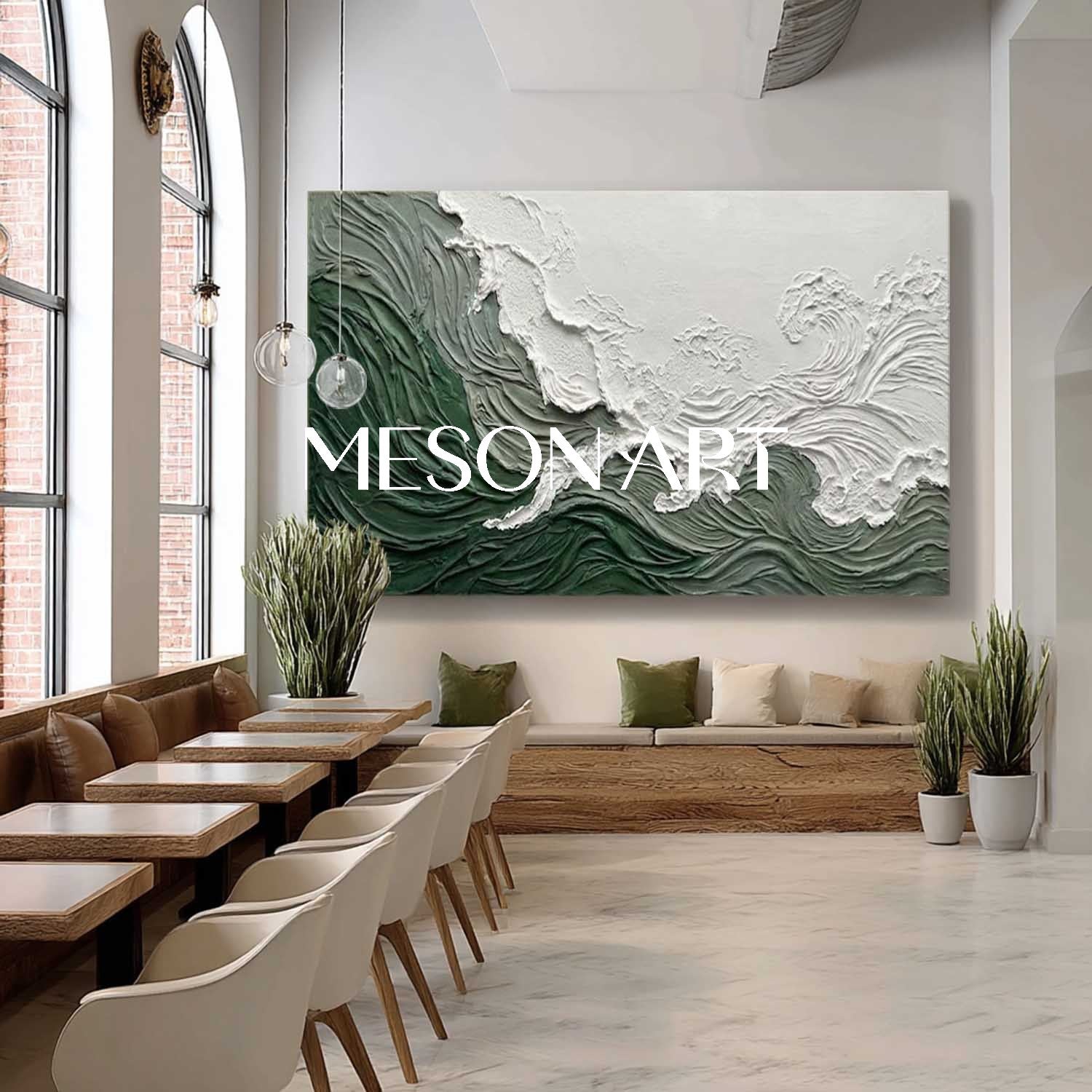 Panoramic White And Green Bedroom Wall Painting Green Abstract Art Canvas