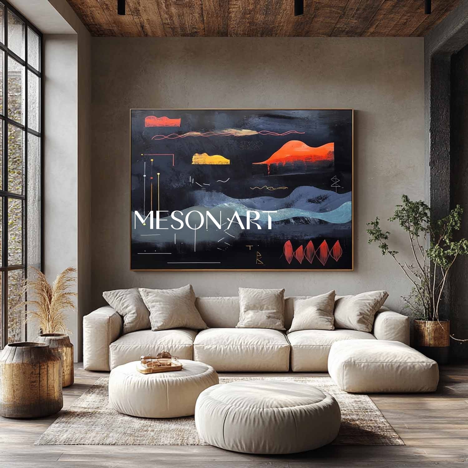 Large Dark Blue Abstract Landscape Art Dark Blue Minimalist Landscape Canvas Wall Decor