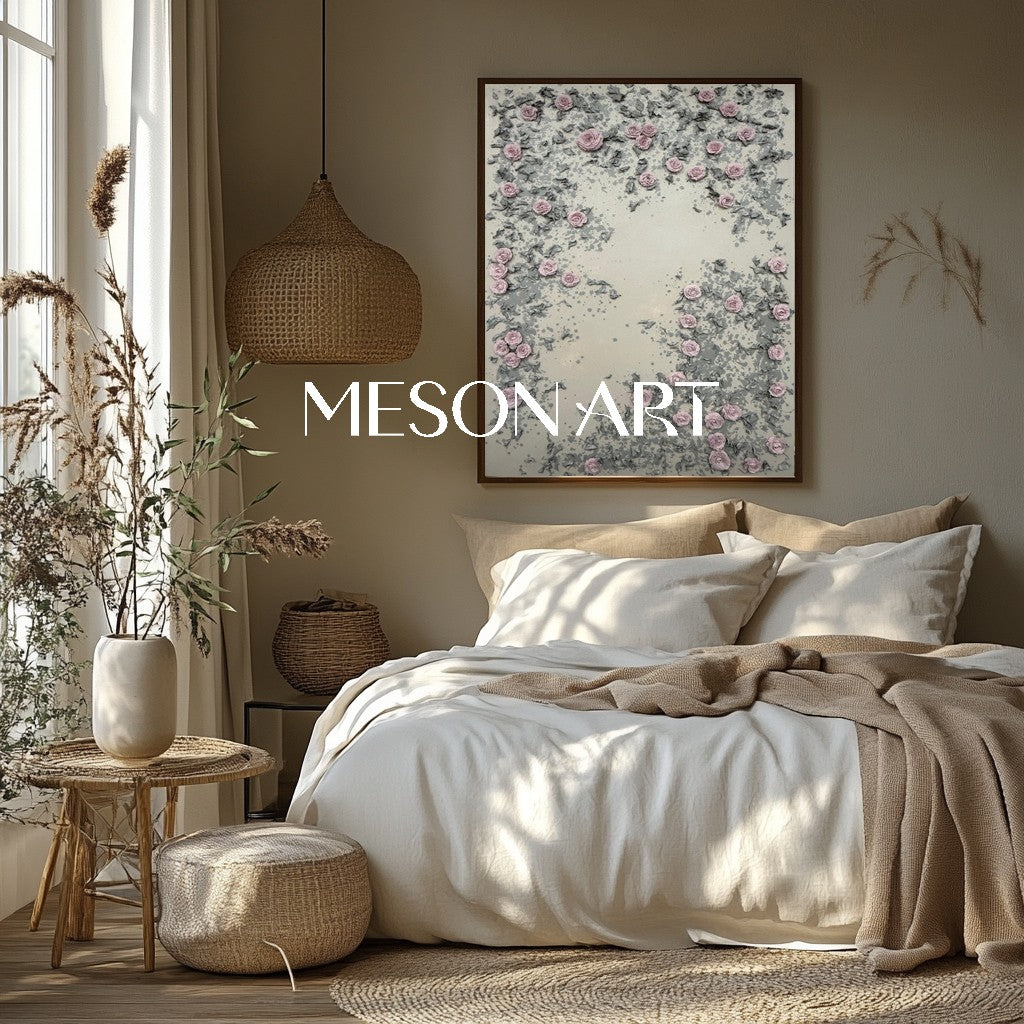 3D Pink Plaster Flowers Painting Pink 3D Floral Plaster Art on Canvas