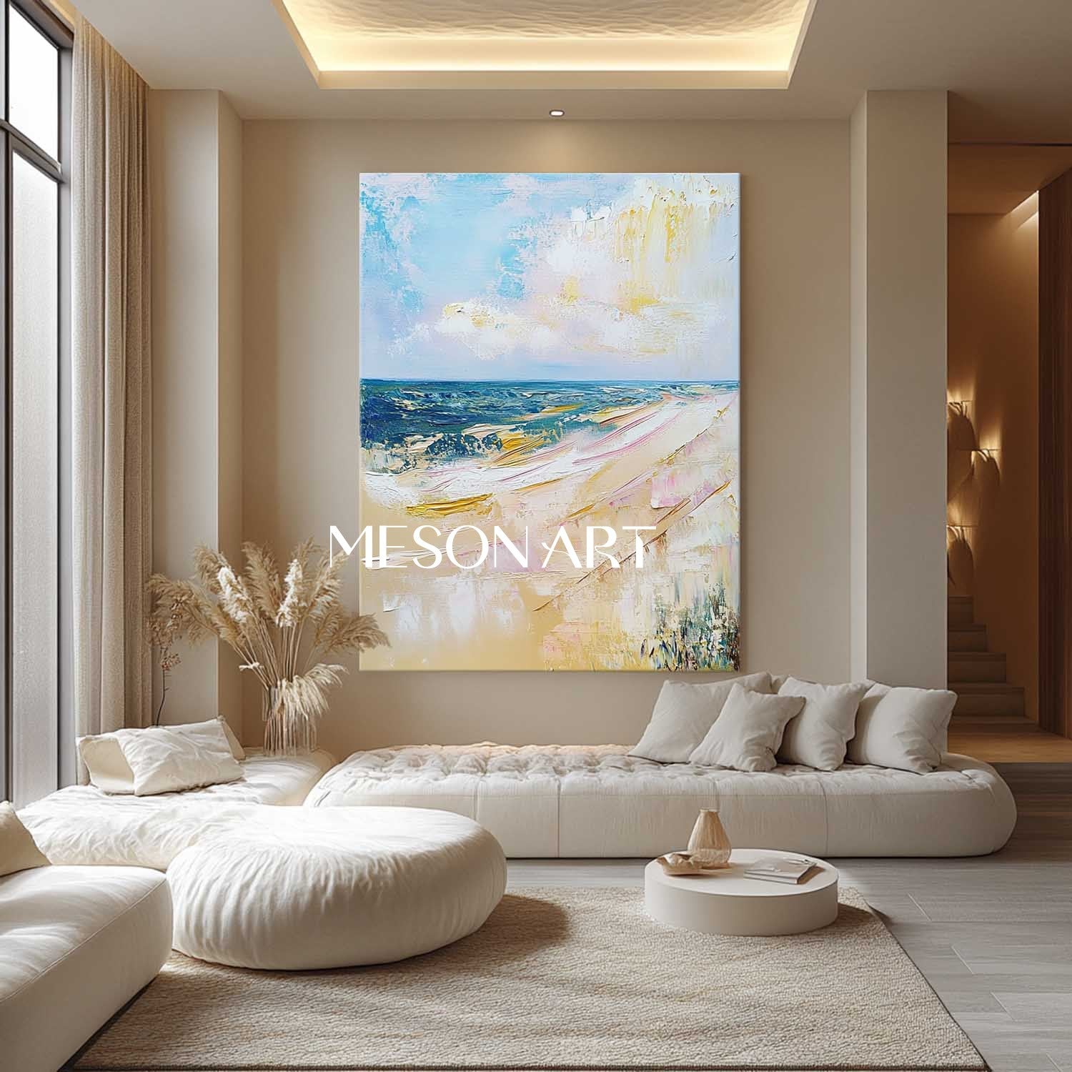 Blue and beige seaside beach wall decor painting for sale Blue and beige seaside abstract canvas art