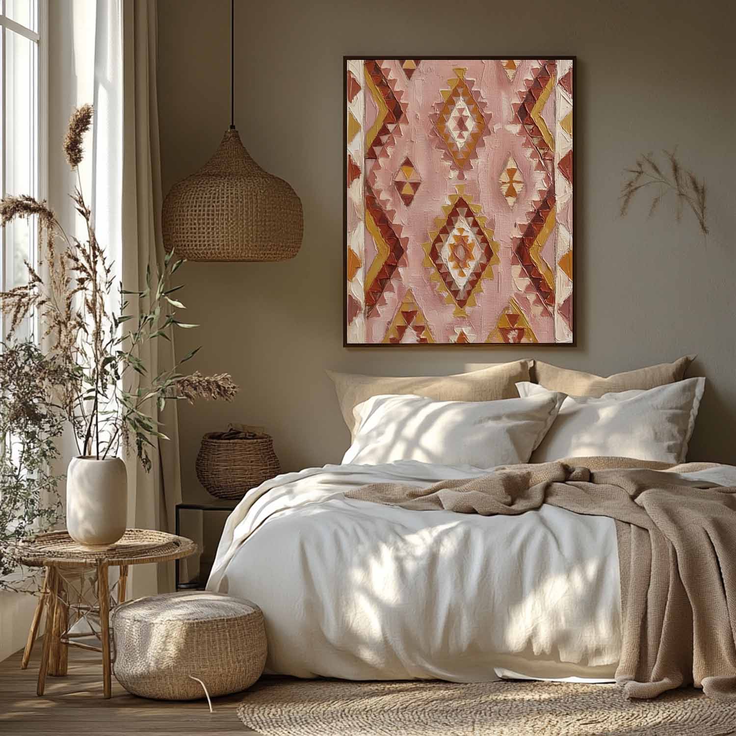 Handmade Boho Geometric Oil Painting, 3D Textured Pink And Mustard Tribal Pattern Canvas