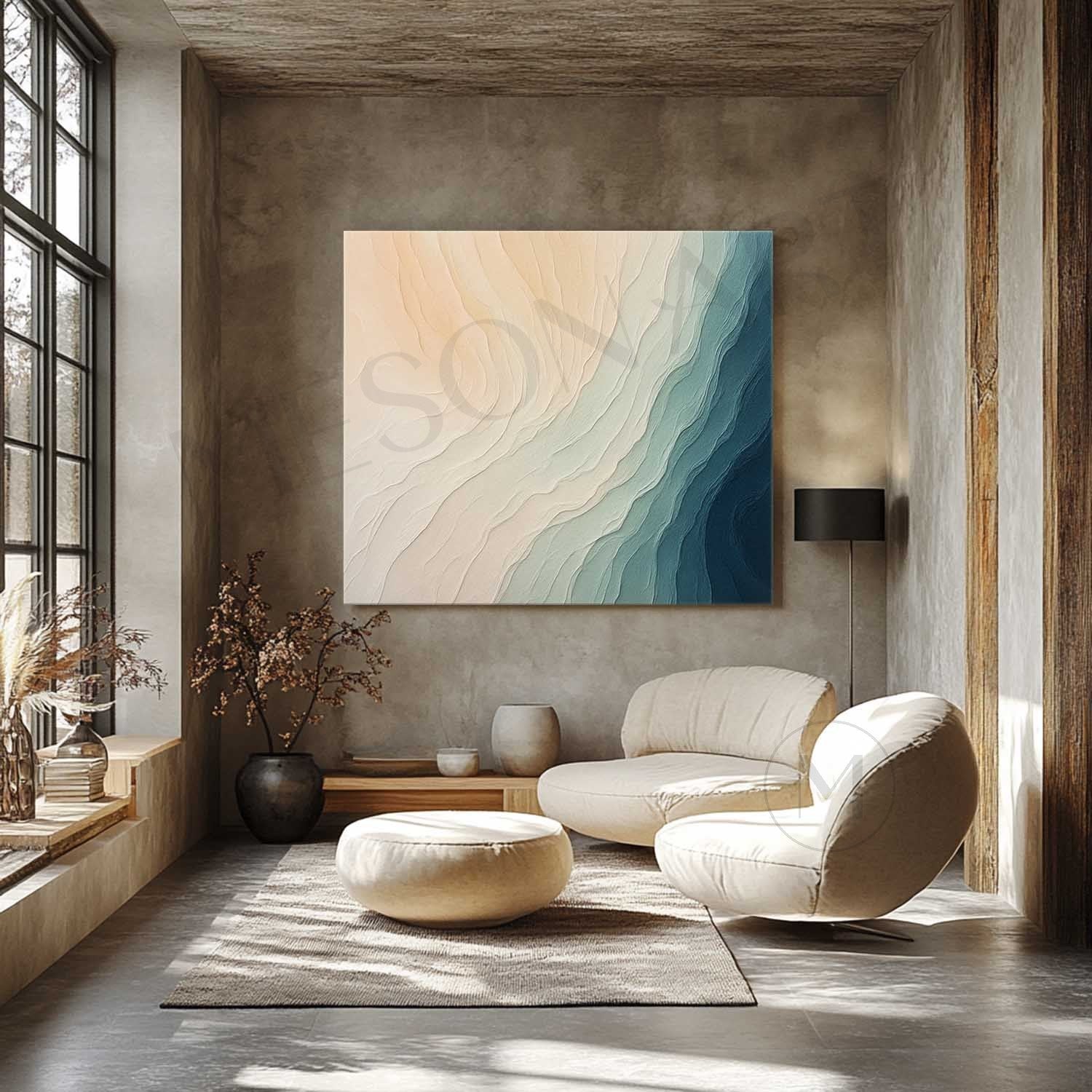 Large Beige And Blue Abstract Sea Canvas Painting Beige And Blue Abstract Sea Texture Wall Art