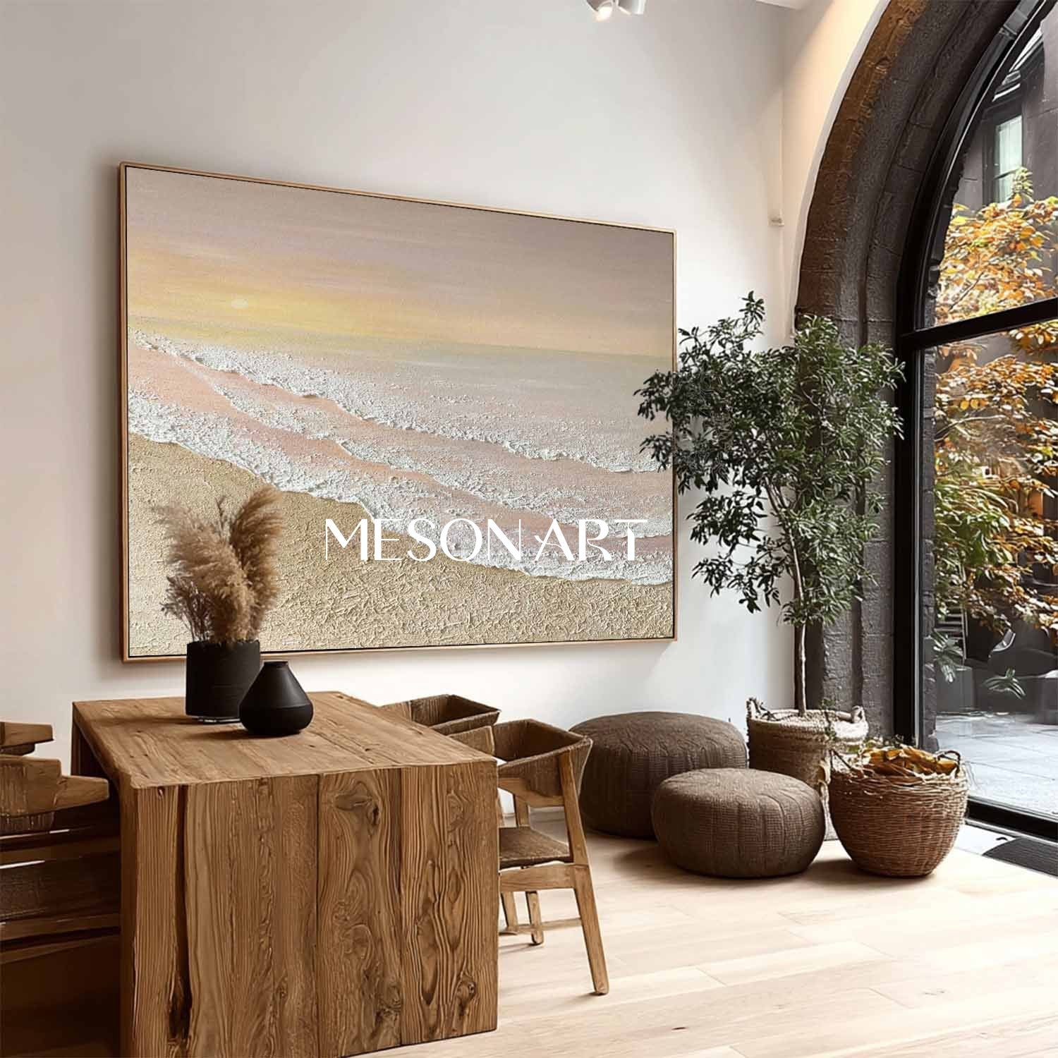 Large 3D Beige Sunrise Beach Ocean Waves Painting Sunrise Beach Canvas Wall Art Decor For Sale