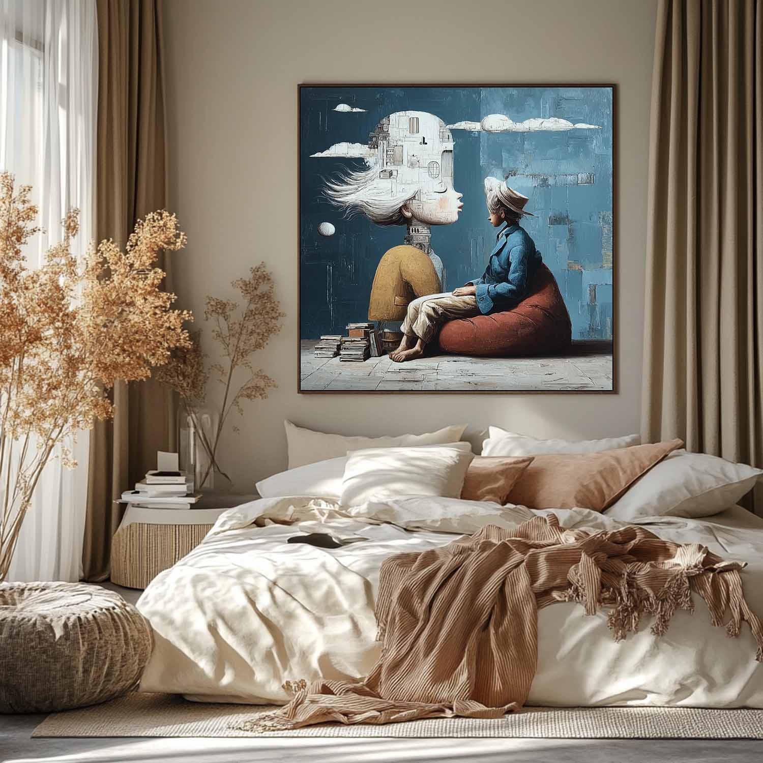 Books as Floor, Thoughts as Castles – Whimsical Surrealist Canvas by Mesonart
