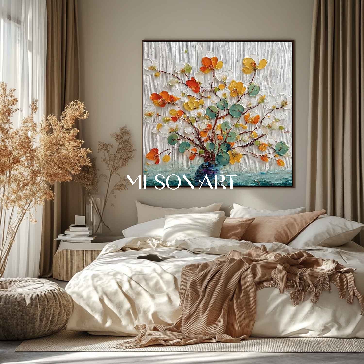 Soft Beige & White Floral Painting – Minimalist Art for Serene Homes | Mesonart