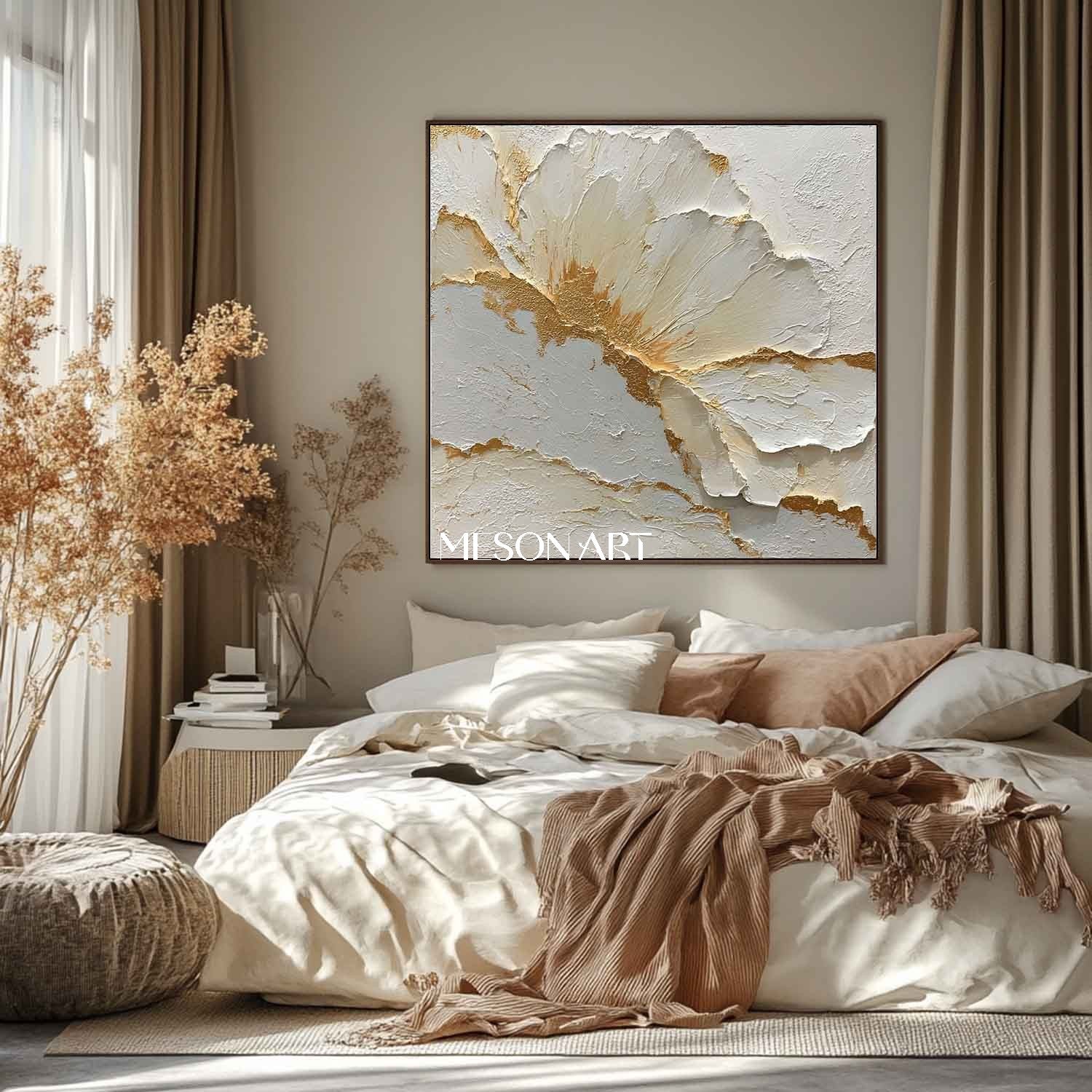 Large Gold and White Plaster Canvas Art Gold and White Flower Wall Art Decor Flower Texture Painting