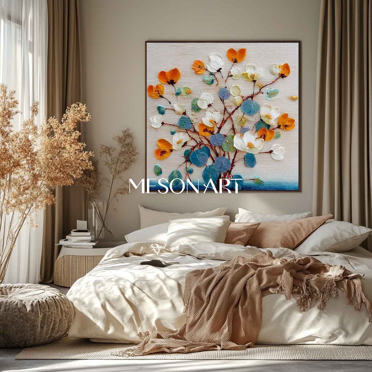 Hand-Painted Abstract Flower Painting on Canvas – Bedroom Wall Decor by Mesonart