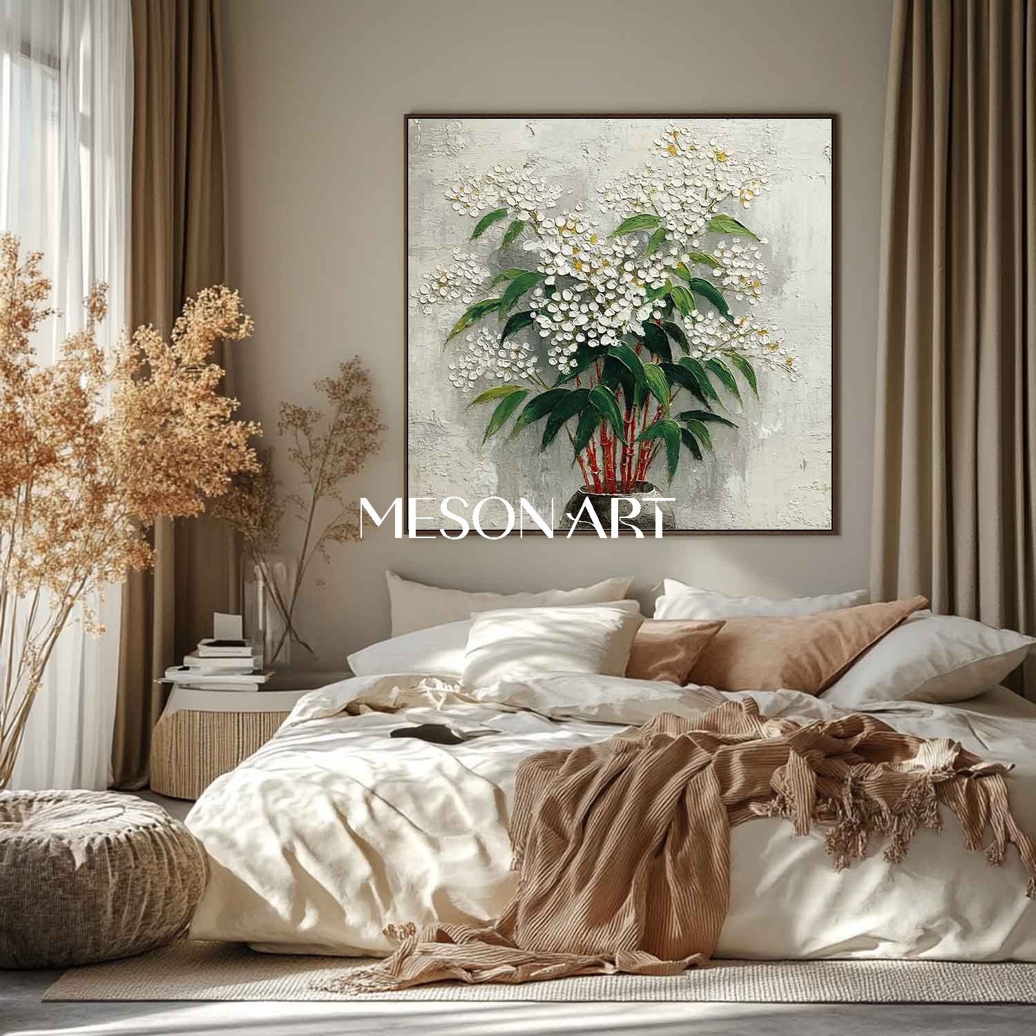 Neutral Tone Flower Wall Decor Square Floral Wall Art Abstract Floral Art for Minimalist Homes