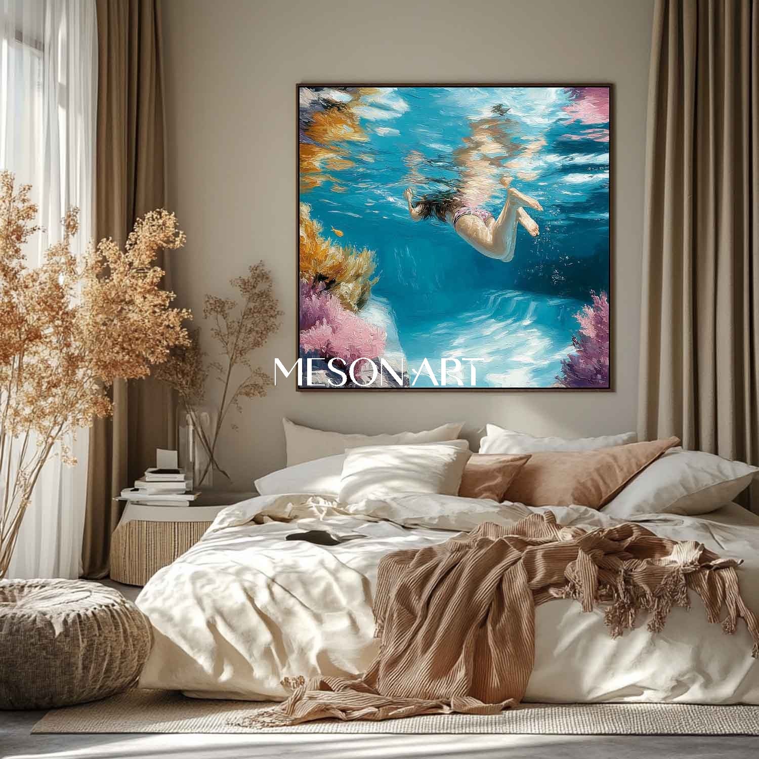 Undersea swimming wall art decor Undersea snorkeling coral canvas art Undersea swimming painting