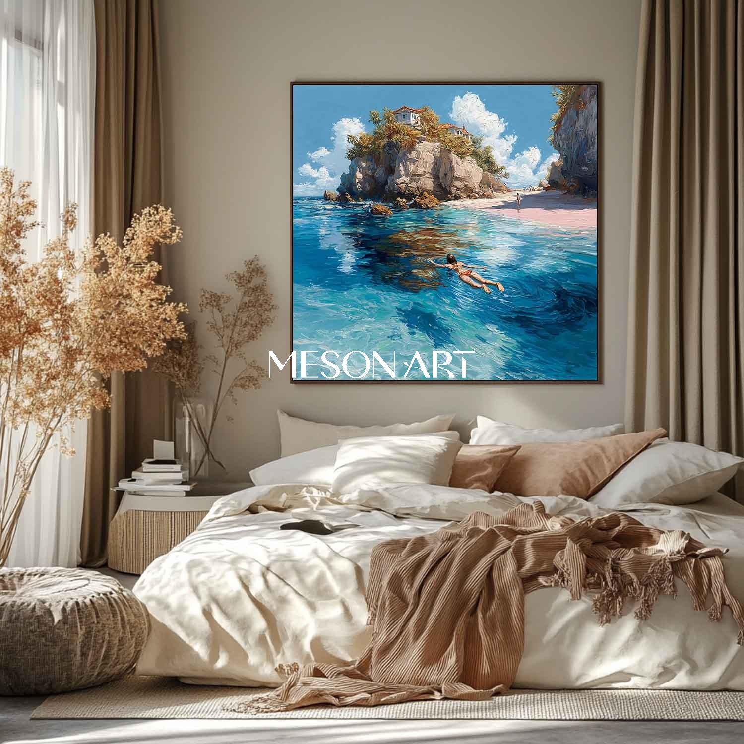 Beach Swimmer Artwork Coastal Swimming Art Woman Swimming Wall Art Summer Water Art Printing