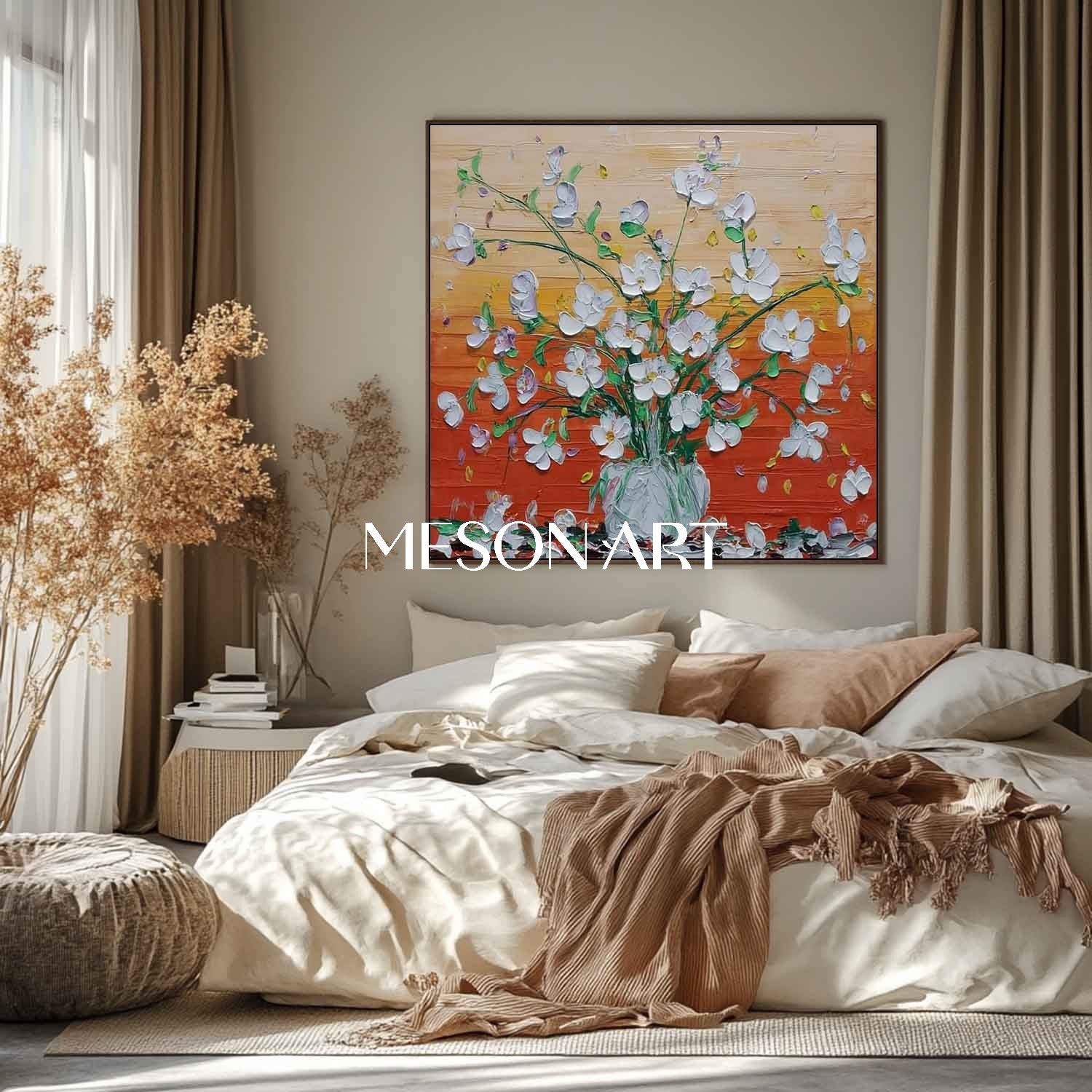 Hand-Painted Abstract Flower Painting on Canvas – Bedroom Wall Decor by Mesonart