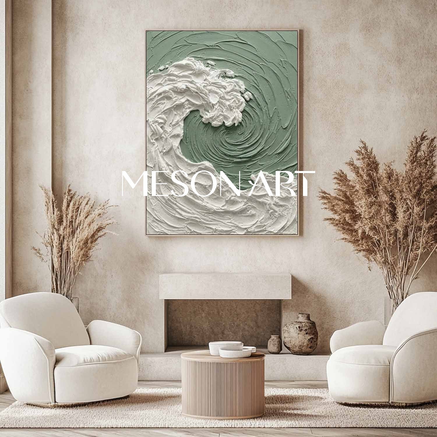 Light Green Textured Abstract Beach Canvas Paintings Light Green Coastal Art
