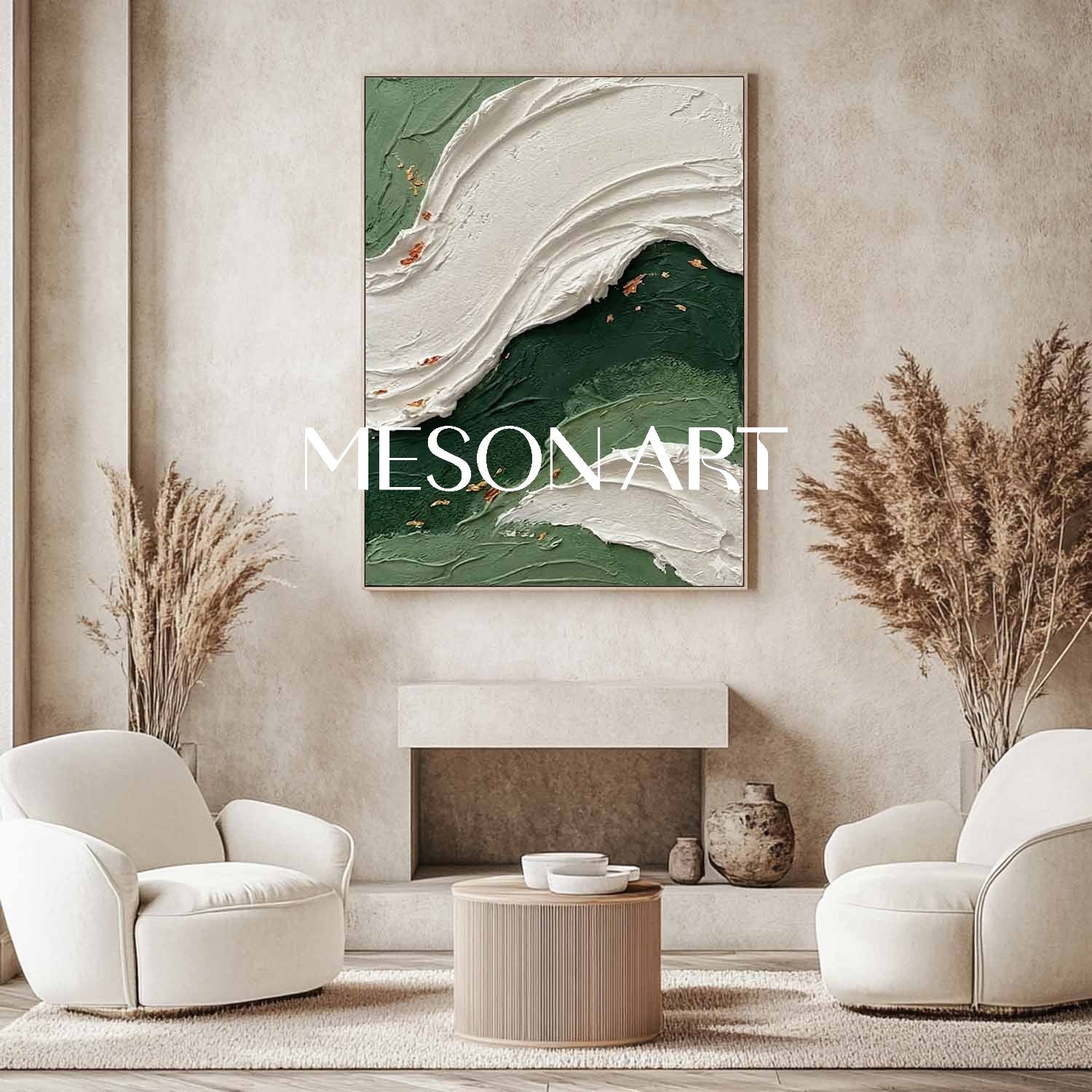 Emerald Green Abstract Wave Painting | Textured Coastal Wall Art with Gold