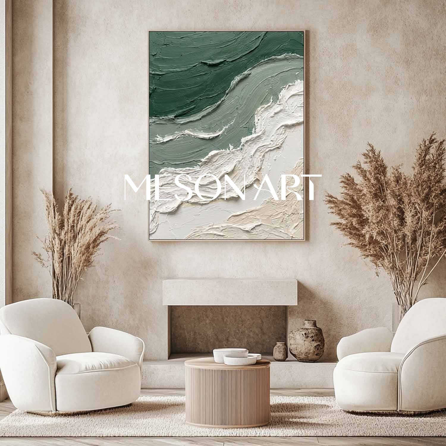 Sage Green & Beige Coastal Art 3D Textured Abstract Beach Canvas Paintings