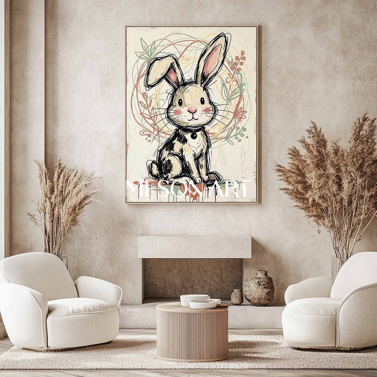 Cute Bunny Plaster Textured Wall Art Painting Kids Nursery Decor