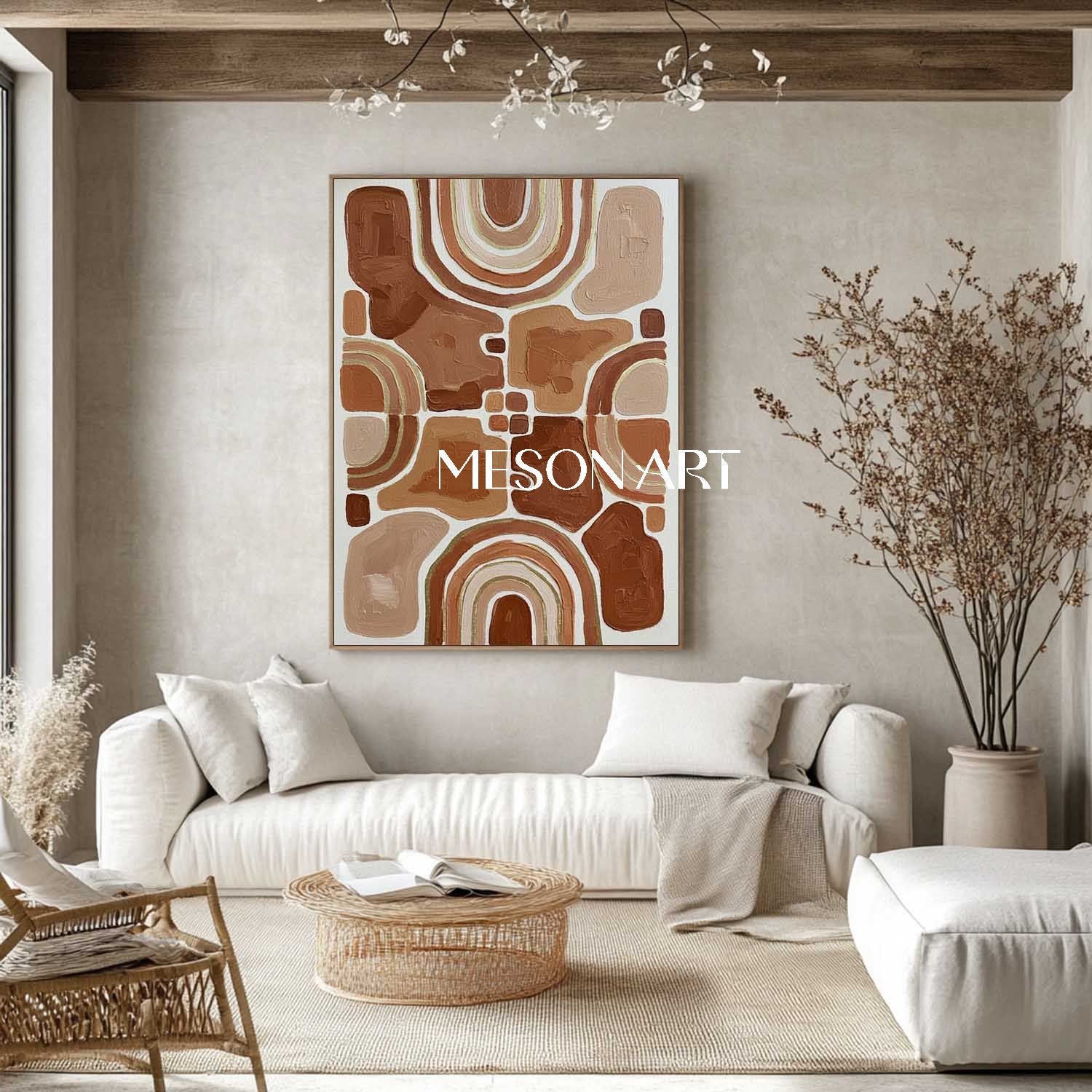 Terracotta & Beige Symmetrical Geometric Art | Boho Arch Totem Canvas Painting