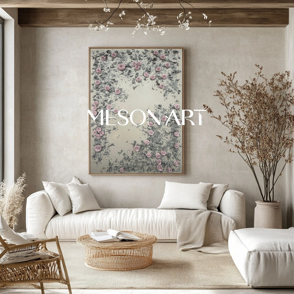 3D Pink Plaster Flowers Painting Pink 3D Floral Plaster Art on Canvas