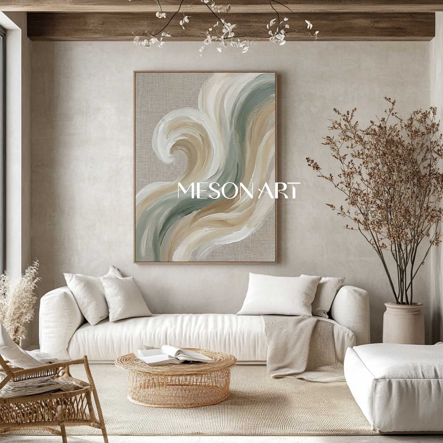 Vertical Sage Green & Beige Wave Art | Textured Modern Coastal Abstract Canvas