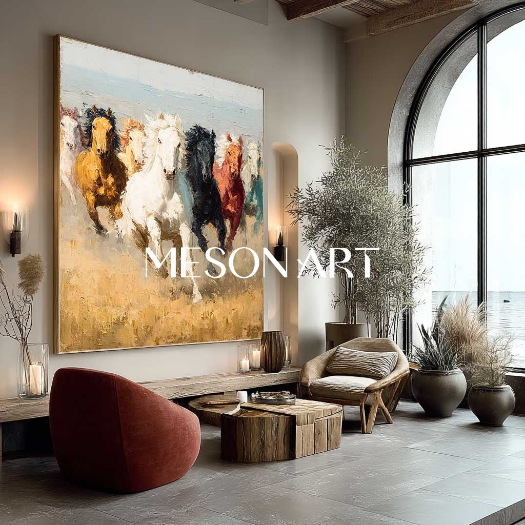 Large Seven Horses 3D Texture Painting for Sale Seven Horses Canvas Wall Art Decor