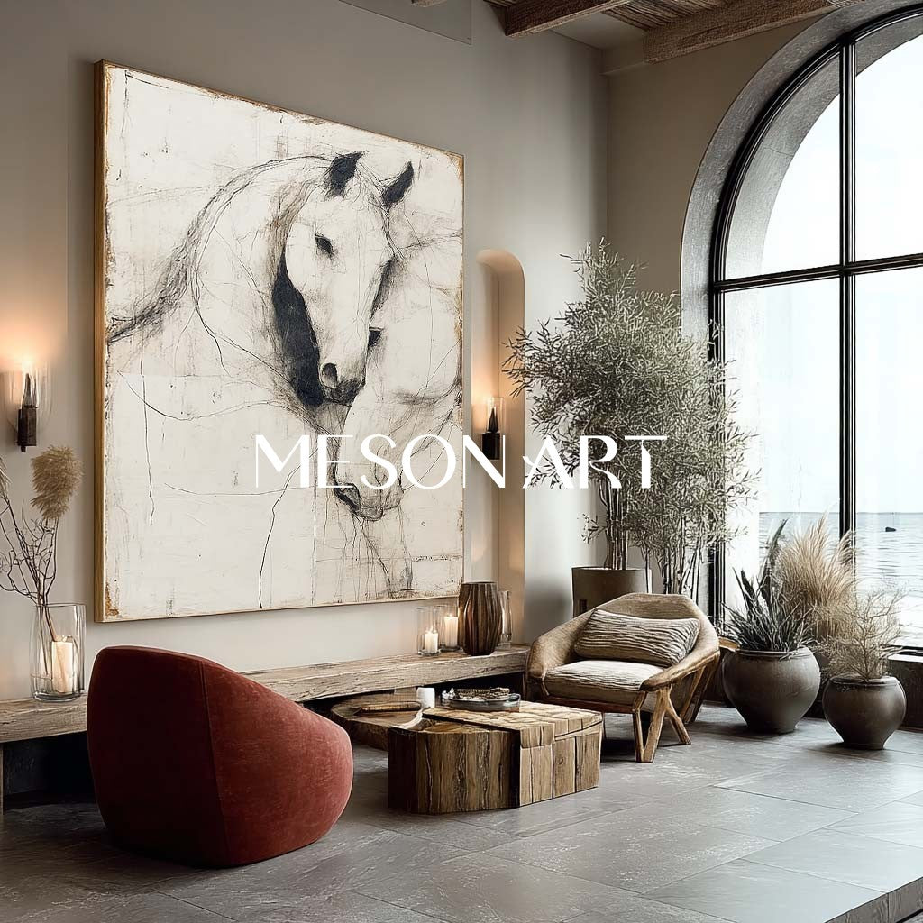 White Minimalist Horse Abstract Canvas Wall Art Decor For Sale White Minimalist Horse Line Art