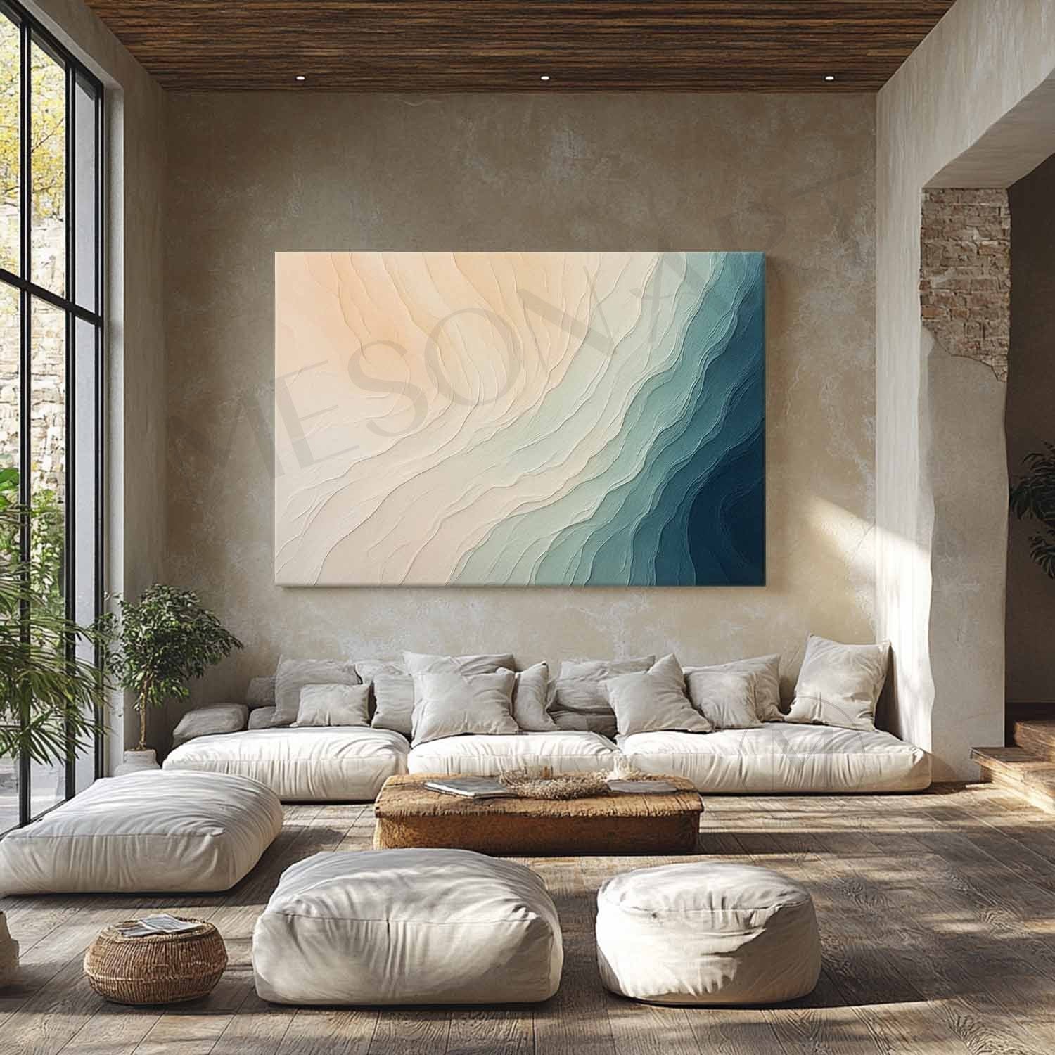 Large Beige And Blue Abstract Sea Canvas Painting Beige And Blue Abstract Sea Texture Wall Art
