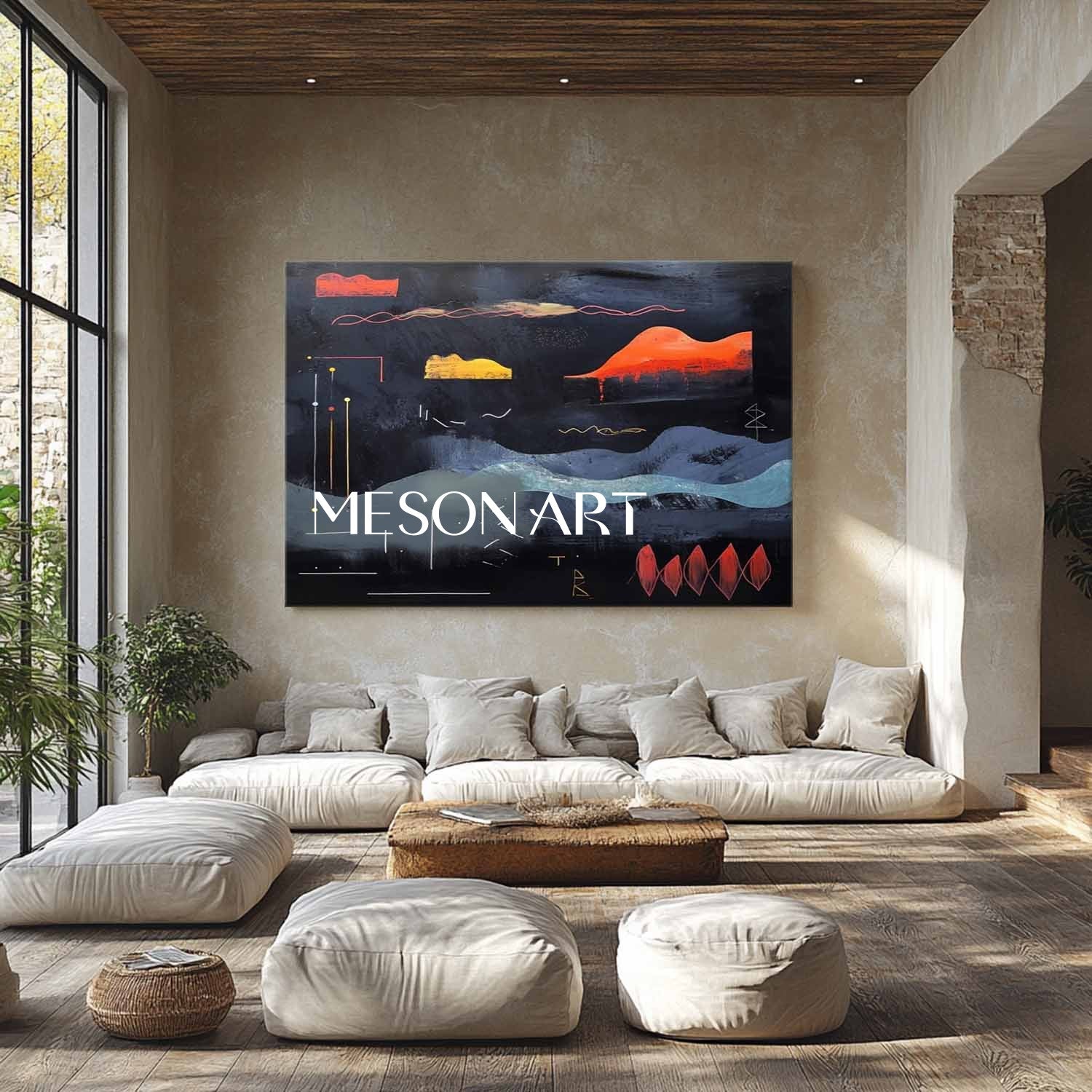 Large Dark Blue Abstract Landscape Art Dark Blue Minimalist Landscape Canvas Wall Decor