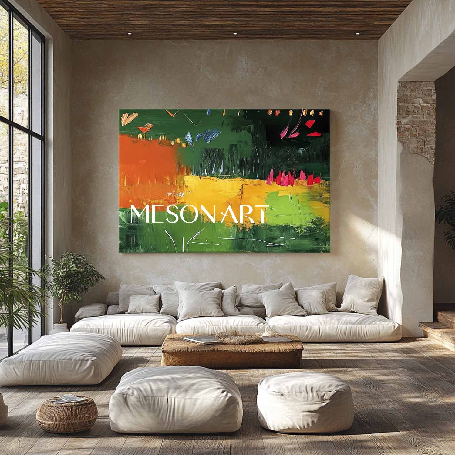 Large Green and yellow abstract canvas art for sale Green and yellow minimalist wall painting