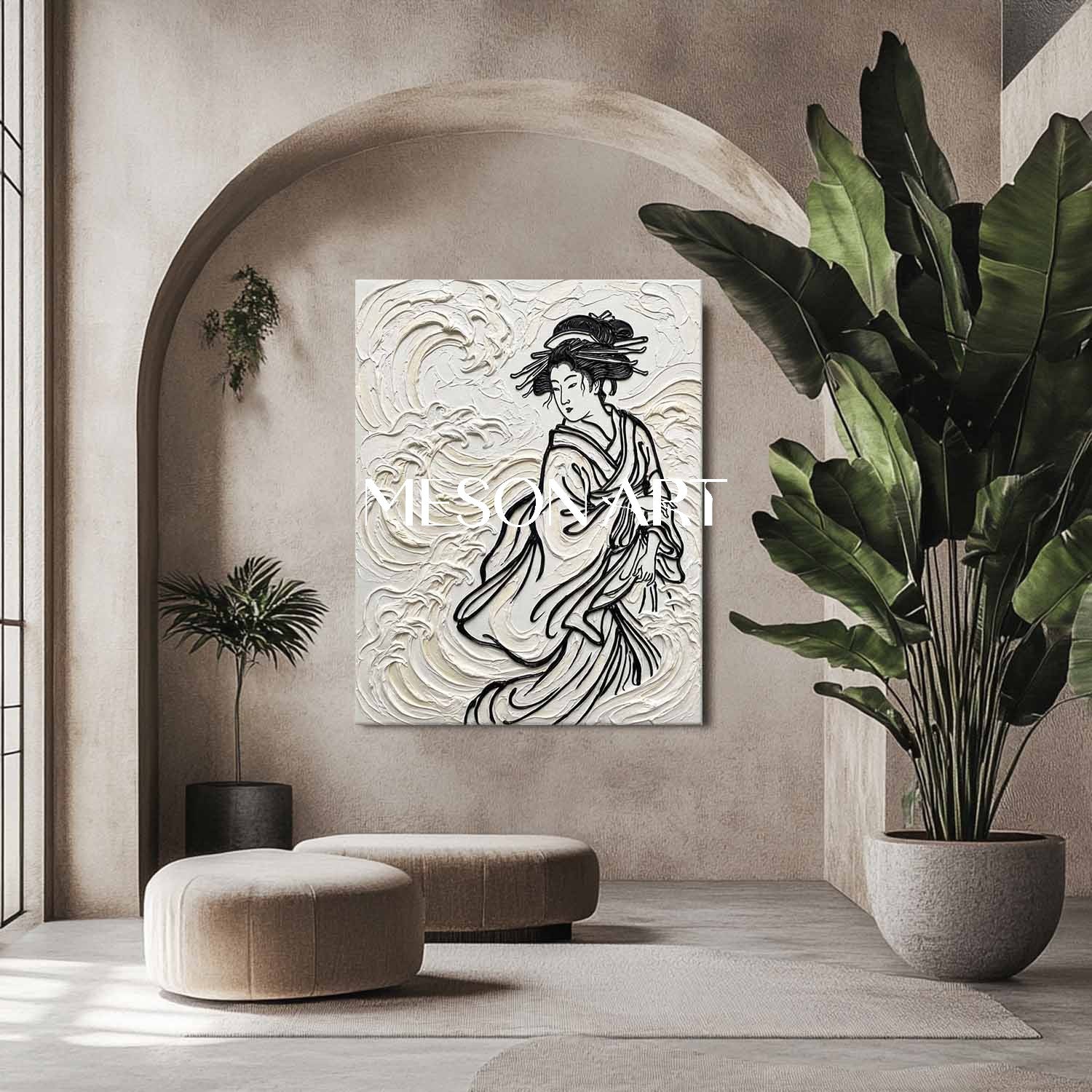 MESON ART Square 3D Textured Canvas Painting, Japanese Style Woman With Flowing Hair And Waves
