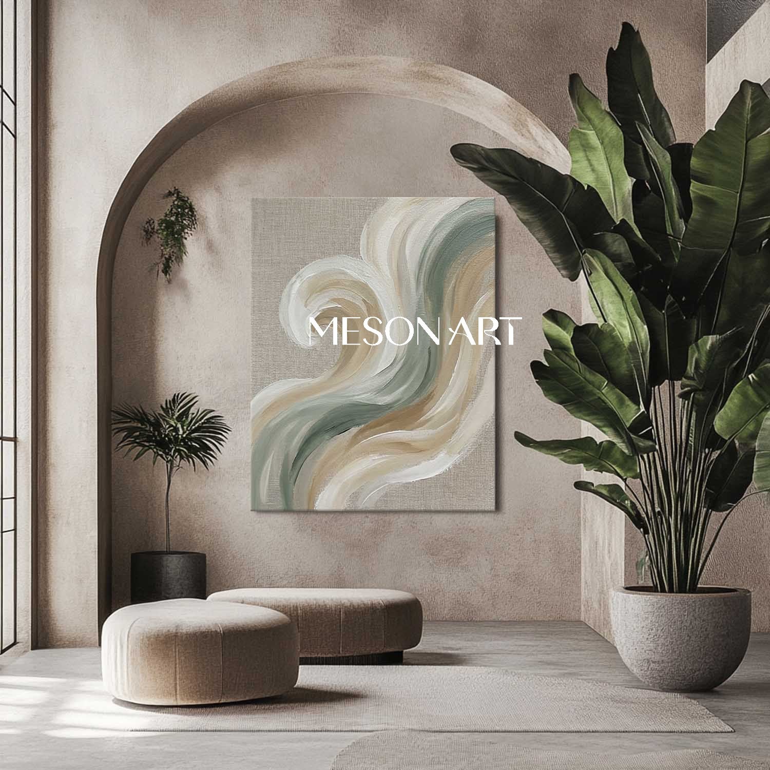 Vertical Sage Green & Beige Wave Art | Textured Modern Coastal Abstract Canvas