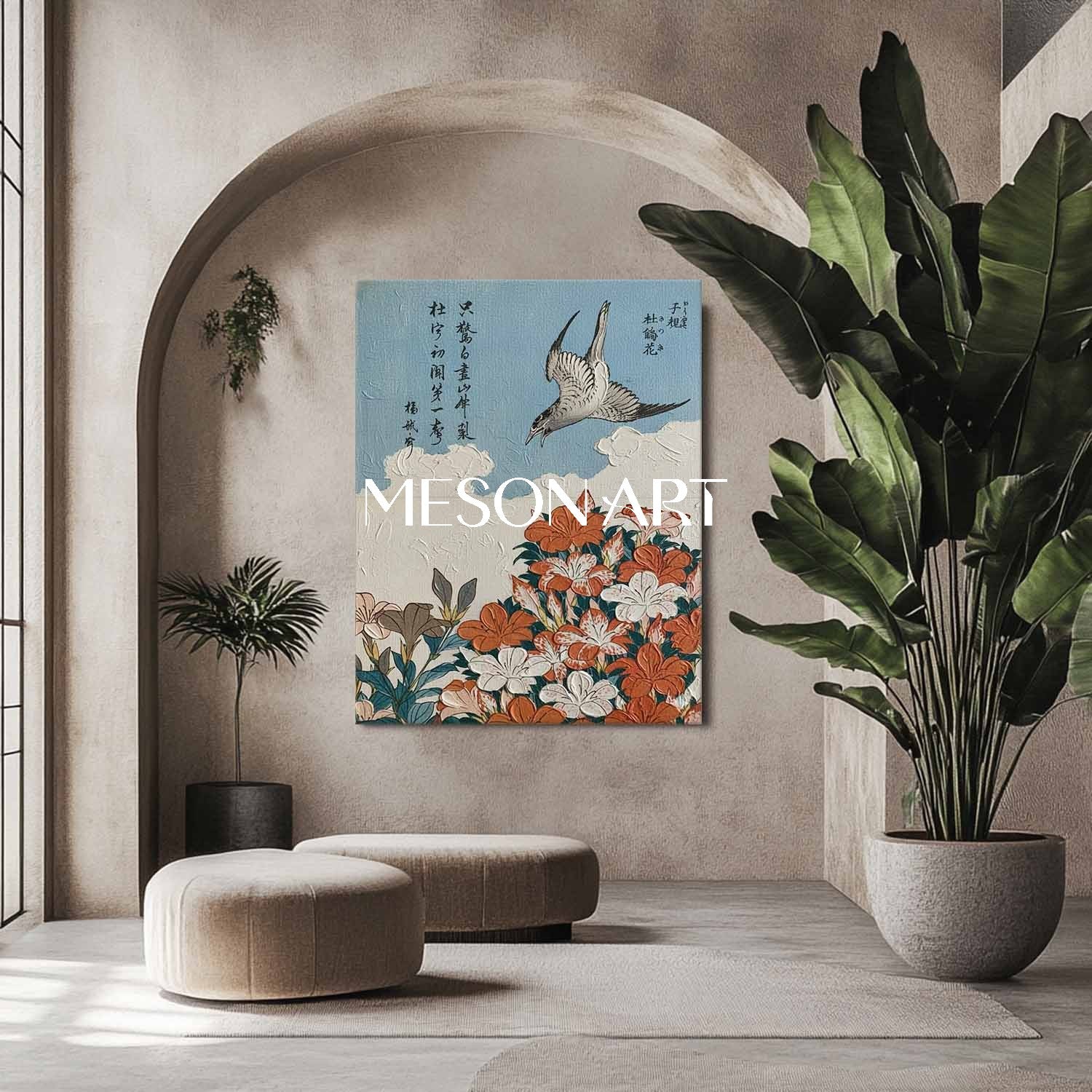 Japandi Wall Art, Textured Canvas Art, 3D Plaster Painting, Chinoiserie Decor, Bird Wall Art