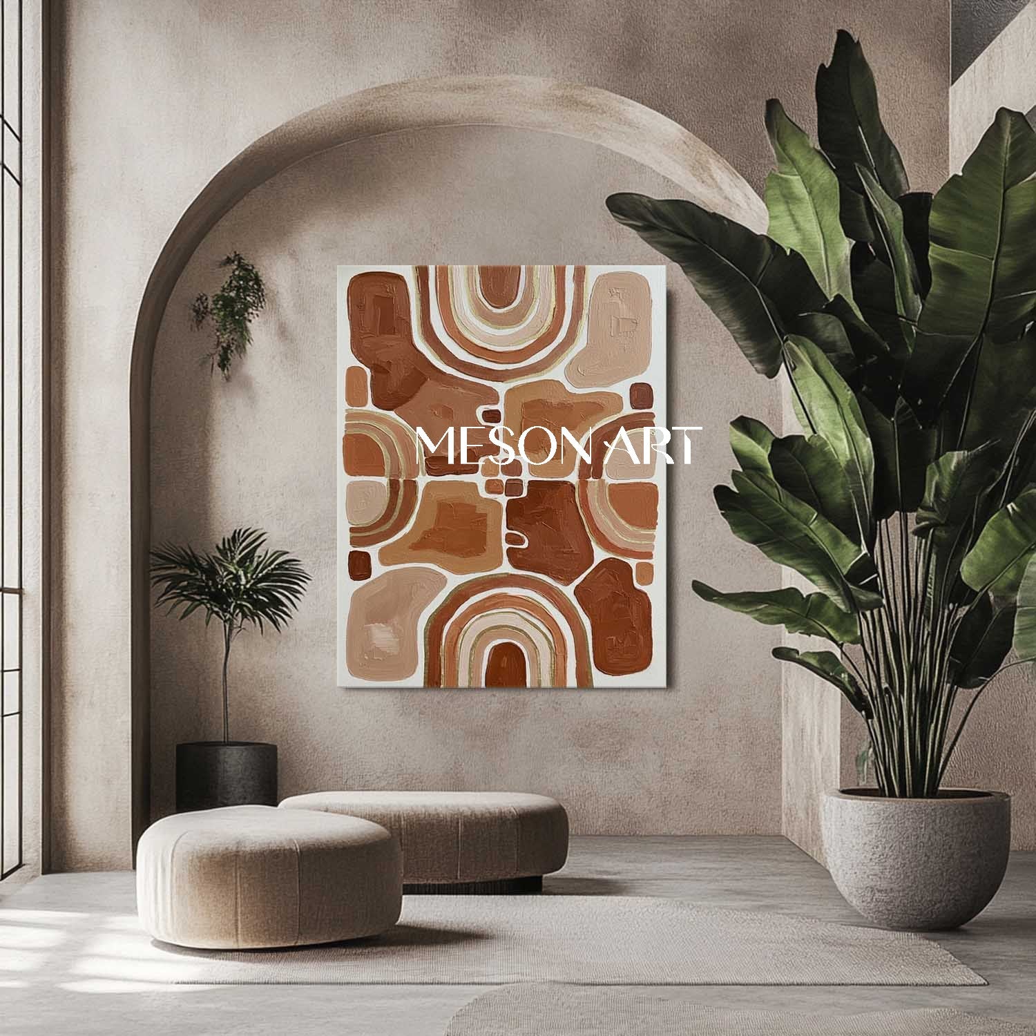 Terracotta & Beige Symmetrical Geometric Art | Boho Arch Totem Canvas Painting