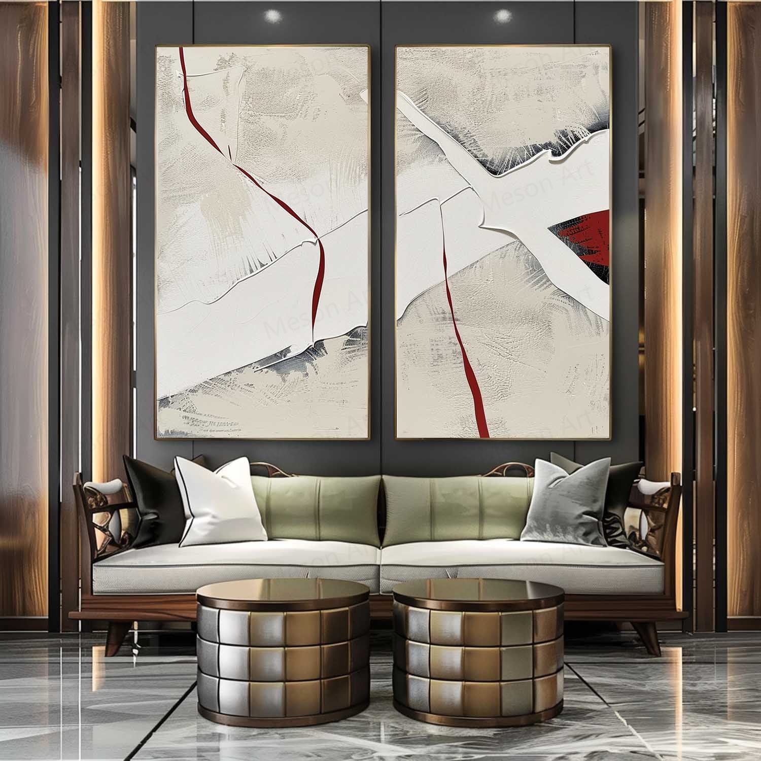 Large Red and White Minimalist Textured Art Set of 2 for Sale Red and White Plaster Textured Canvas Painting